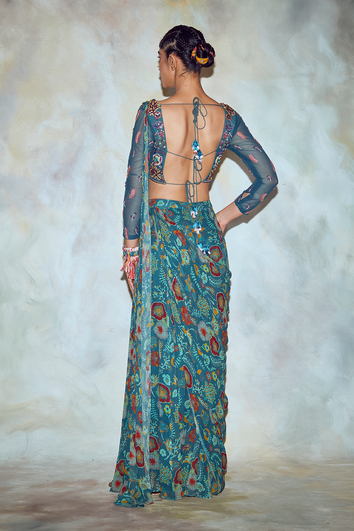 Teal Blue Mix Embroidered Saree Set