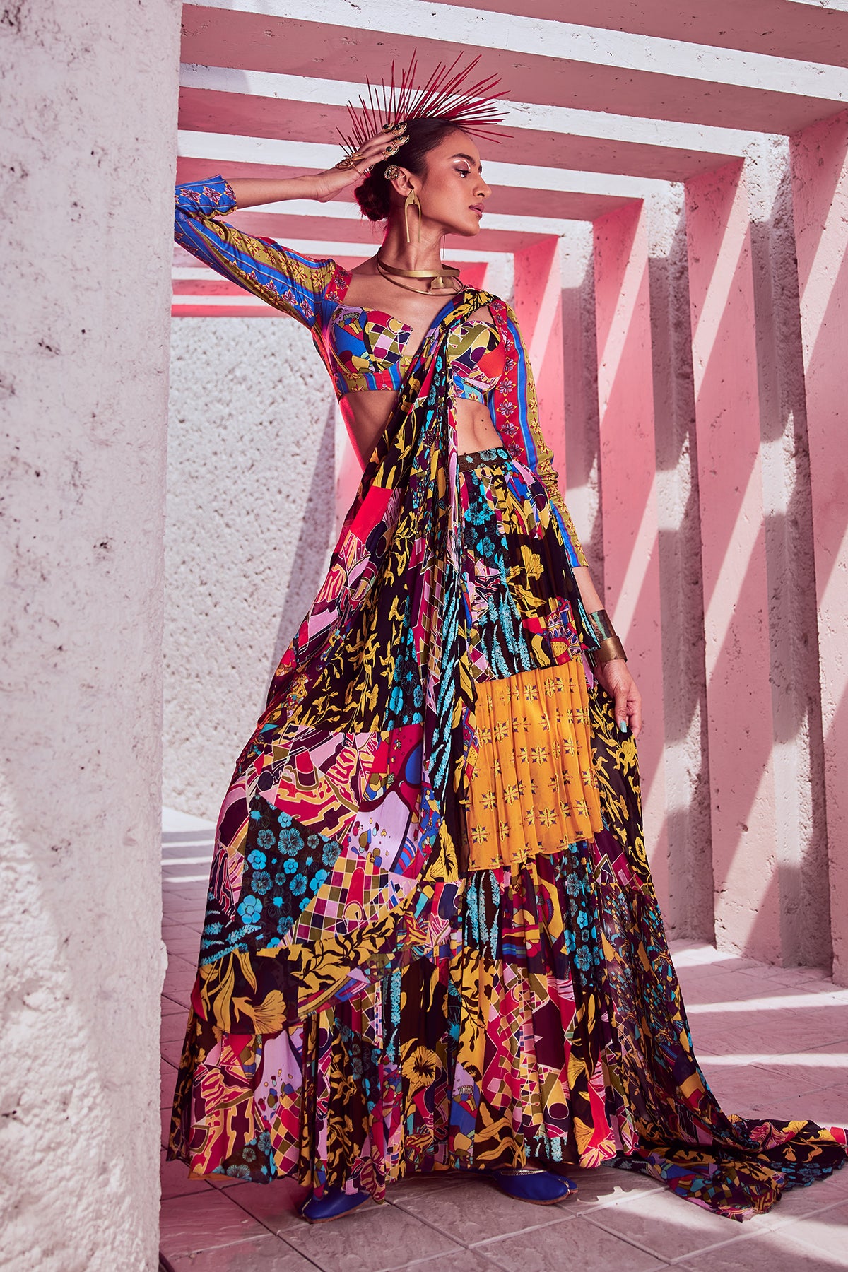 Yellow & Blue Aztec Print Layer Skirt Saree Set