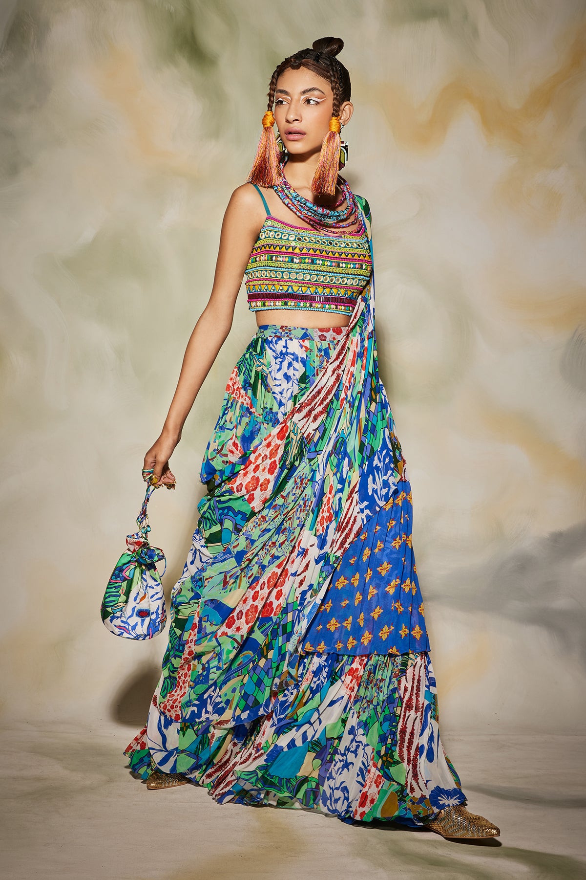 Blue Aztec Printed Saree Set With Potali Bag