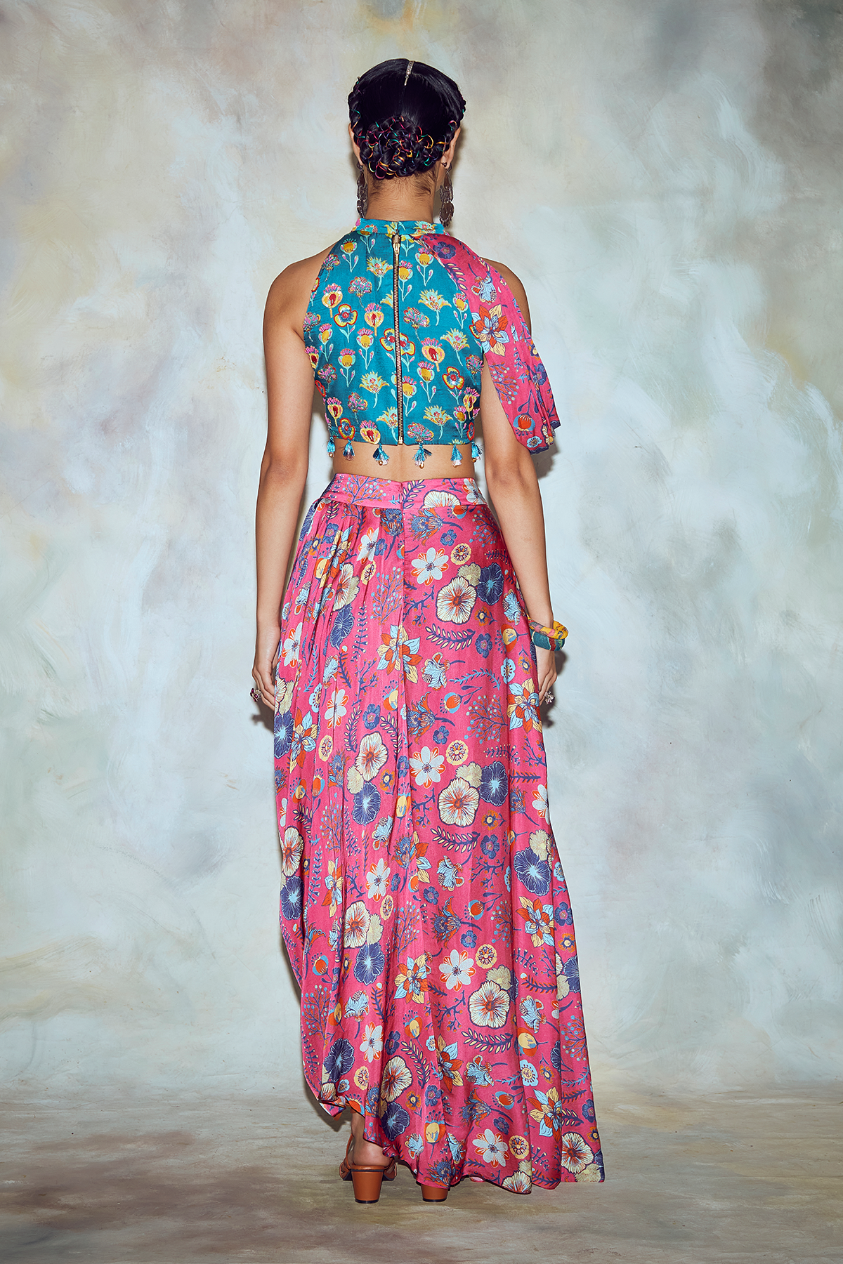 Teal Blue Floral Crop Top Set