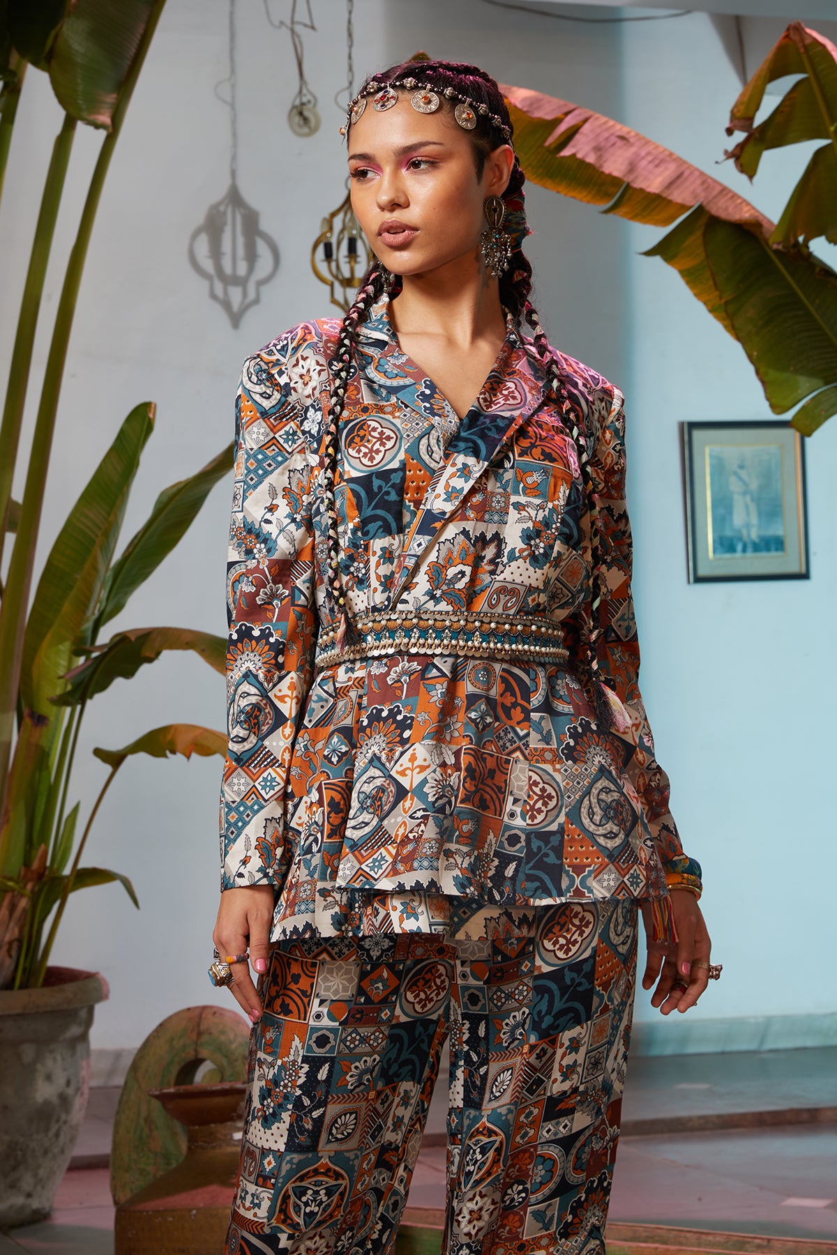 Multi-Color Tile Print Pant Suit