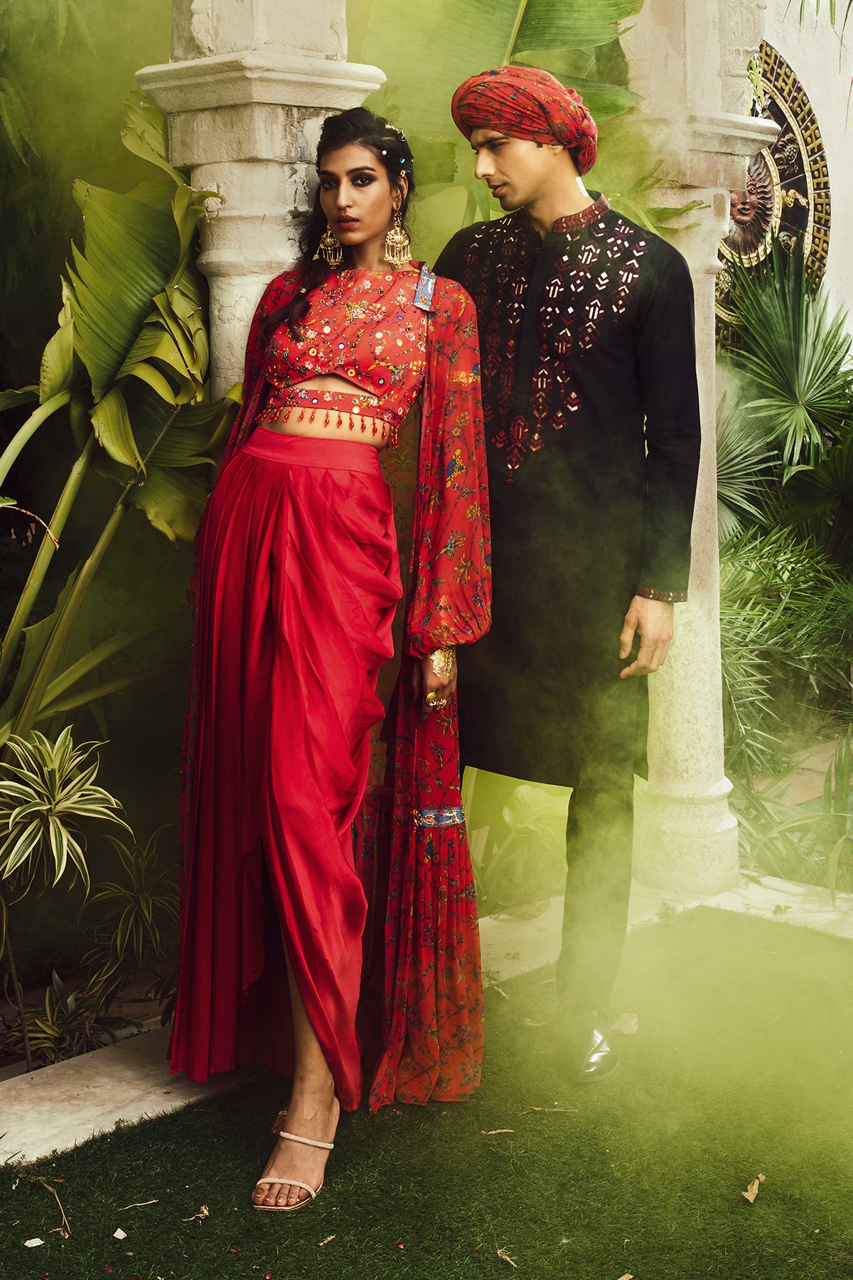 Red Bale Print Crop Top With Dhoti Skirt