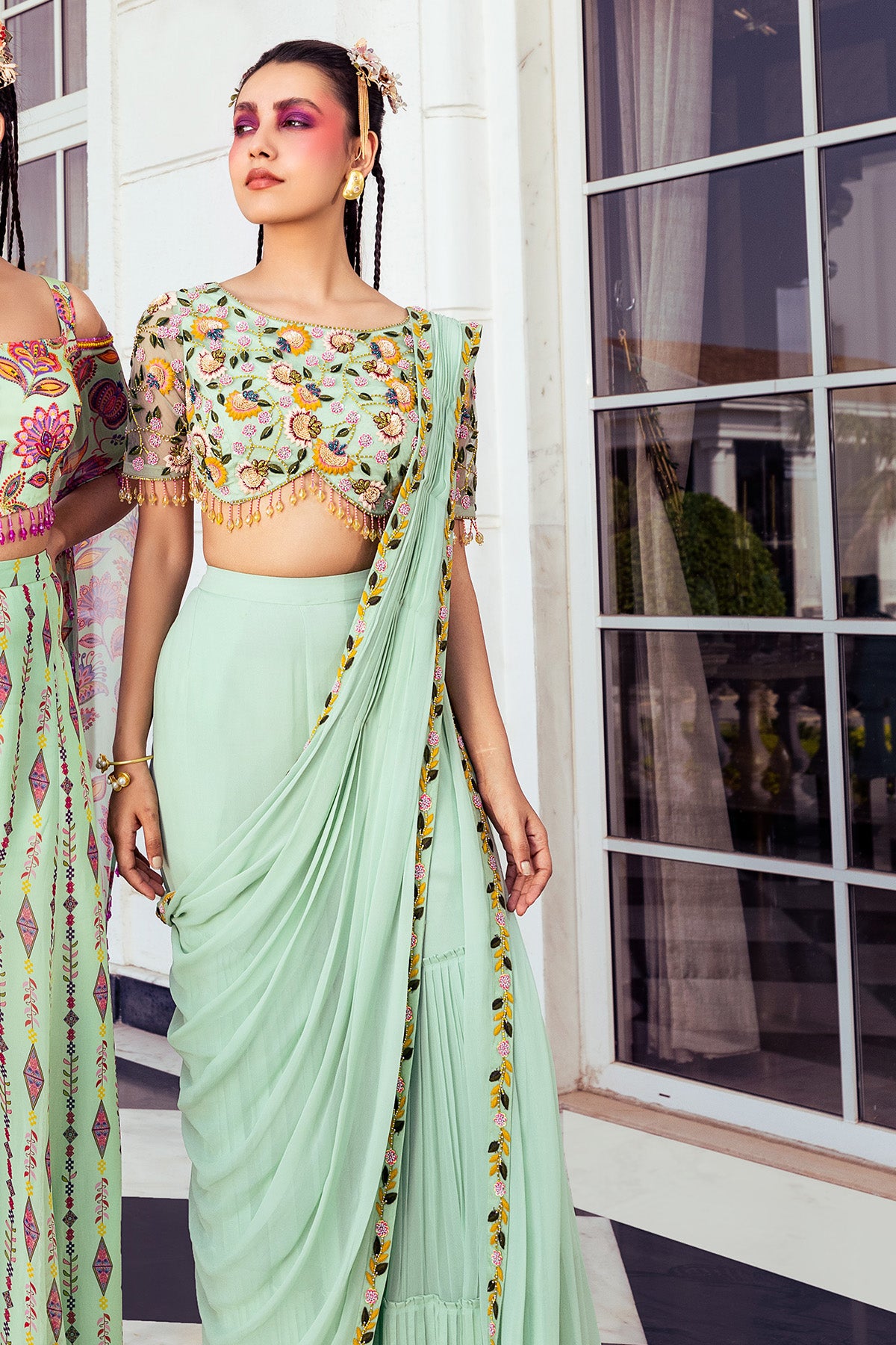 MINT GREEN JAAL & BLOUSE SAREE SET