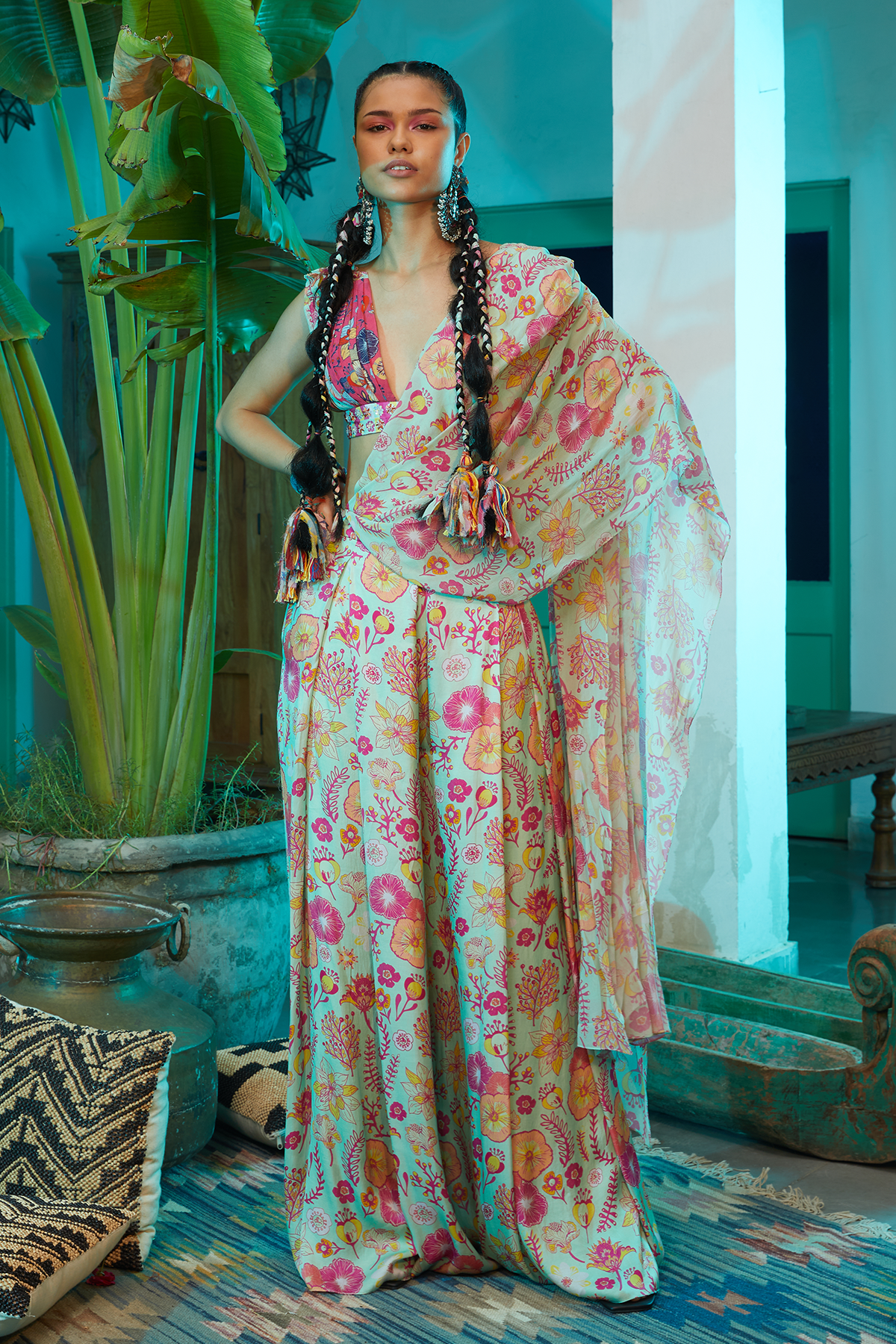 Mint Green & Fuchisa Pink Saree Set