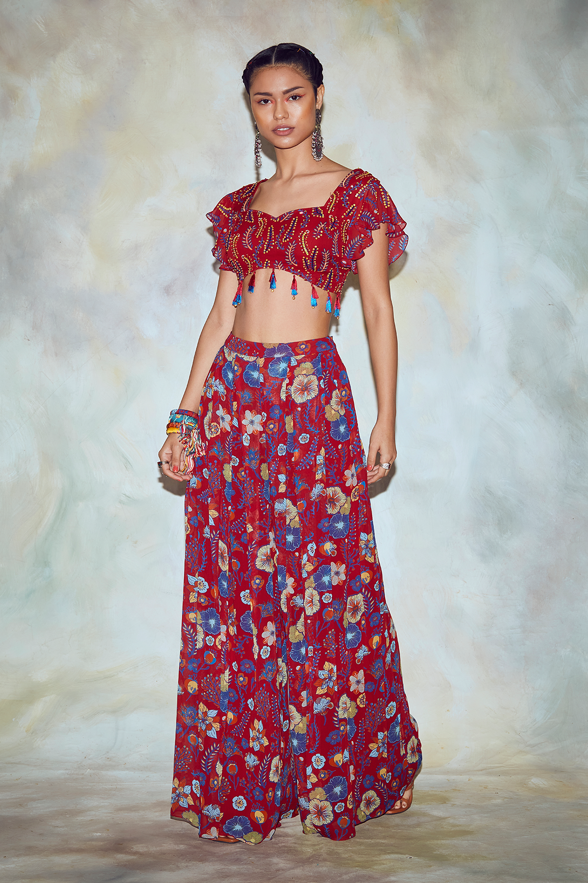 Crimson Red Leaf Print Crop Top Set