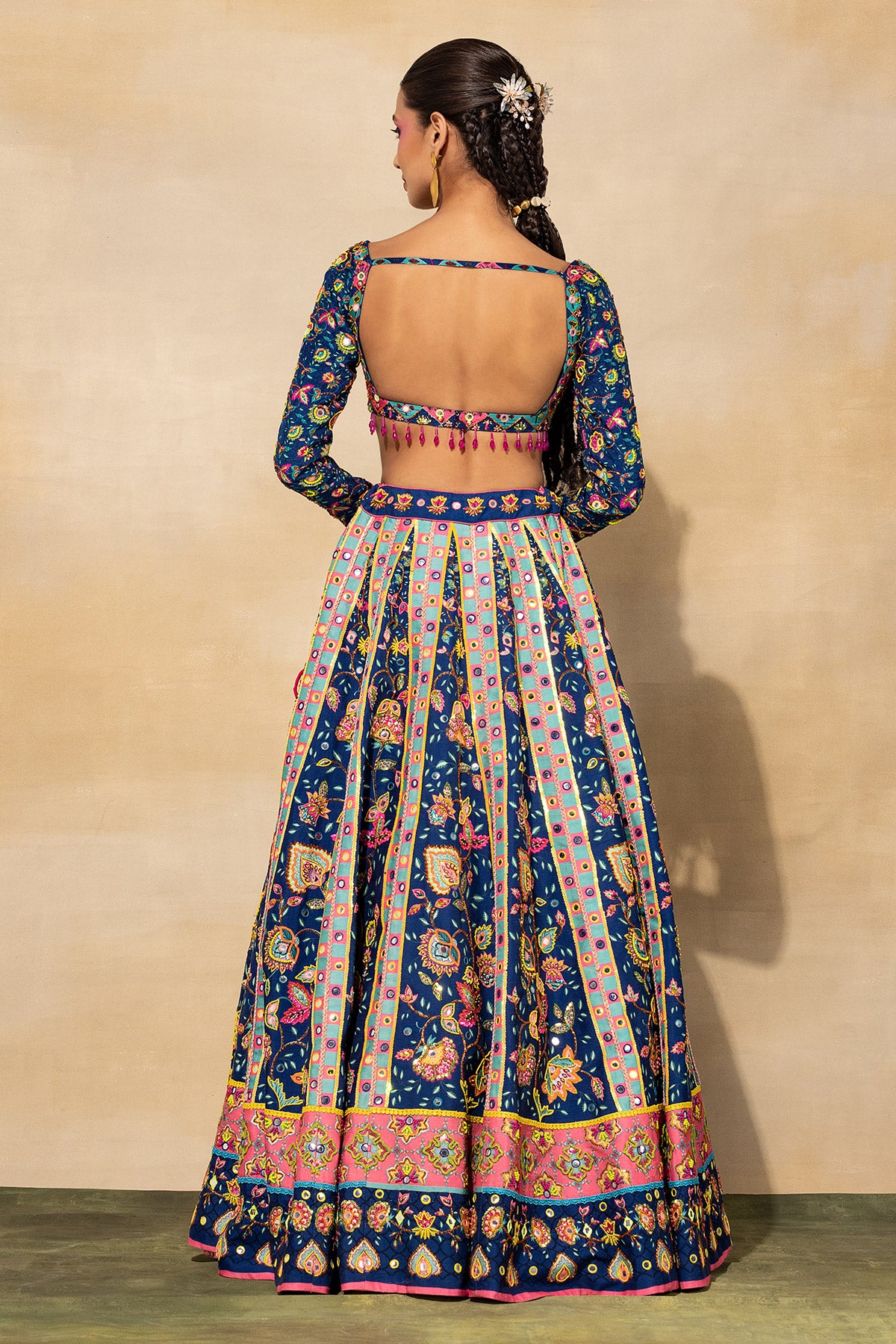 DARK BLUE PRINT & EMBROIDERED LEHENGA SET
