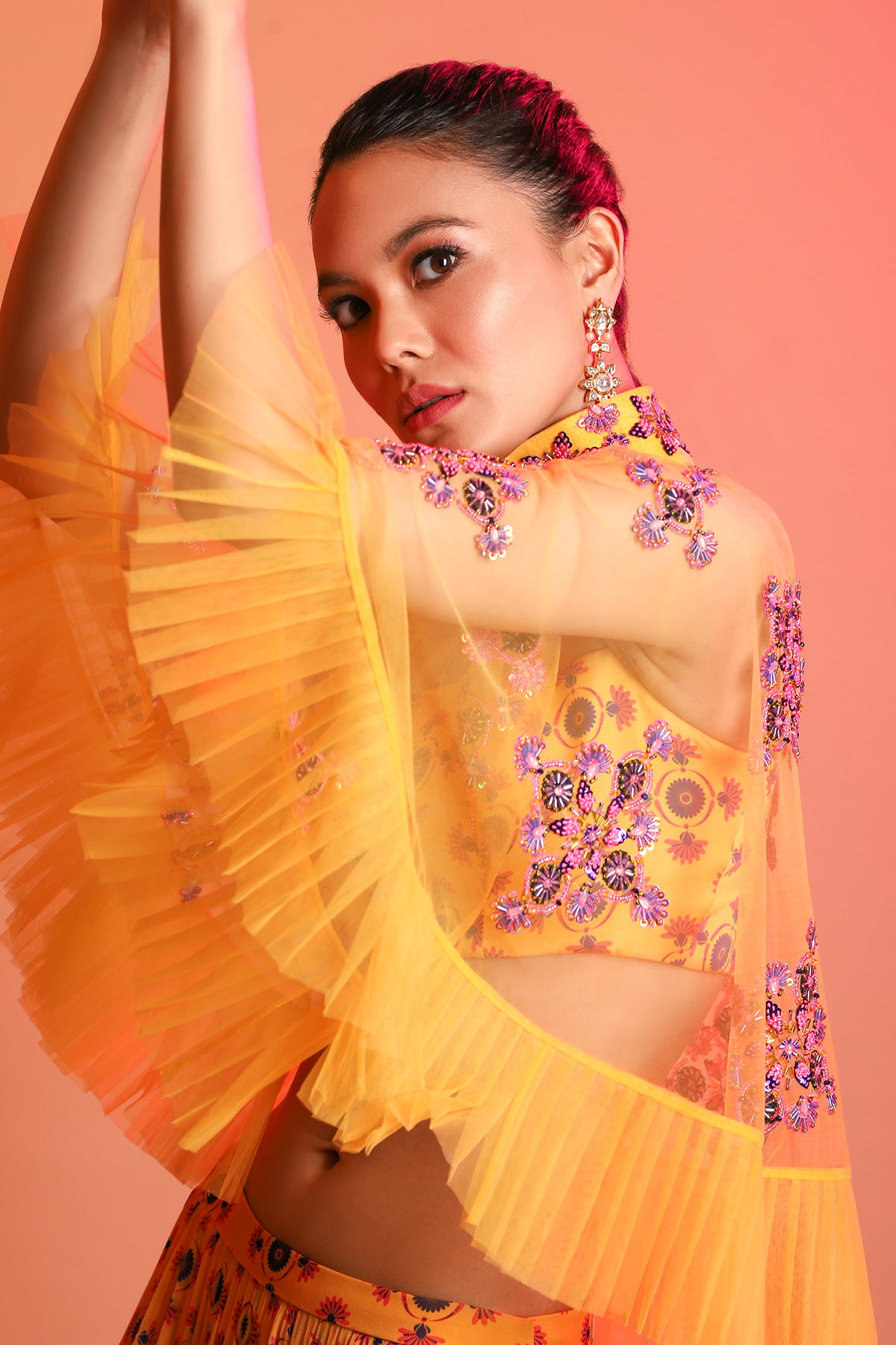 Mustard Chakra Butta Printed Blouse With Tiered Skirt & Chakra Embroidered Cape