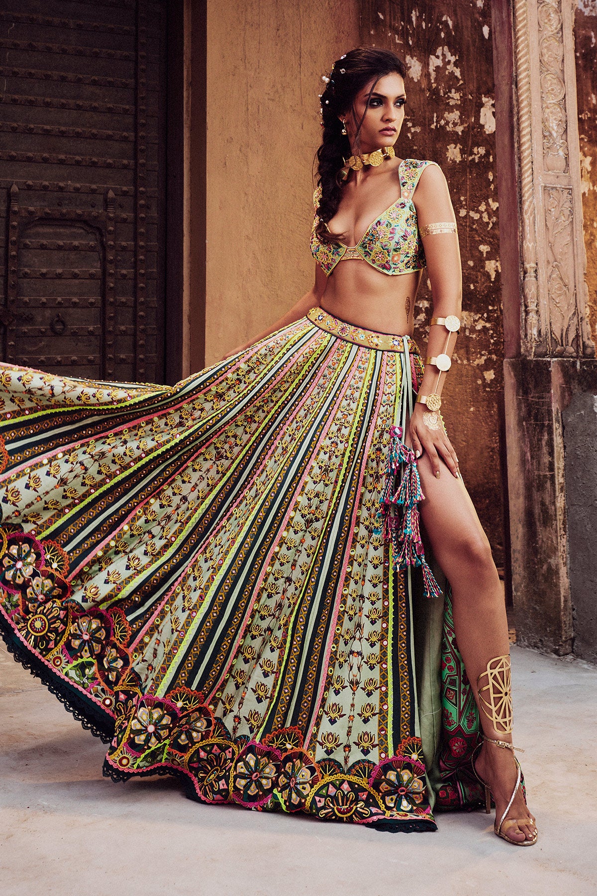 Mint Green Neon Embroidered Blouse Lehenga And Organza Embroidered Dupatta