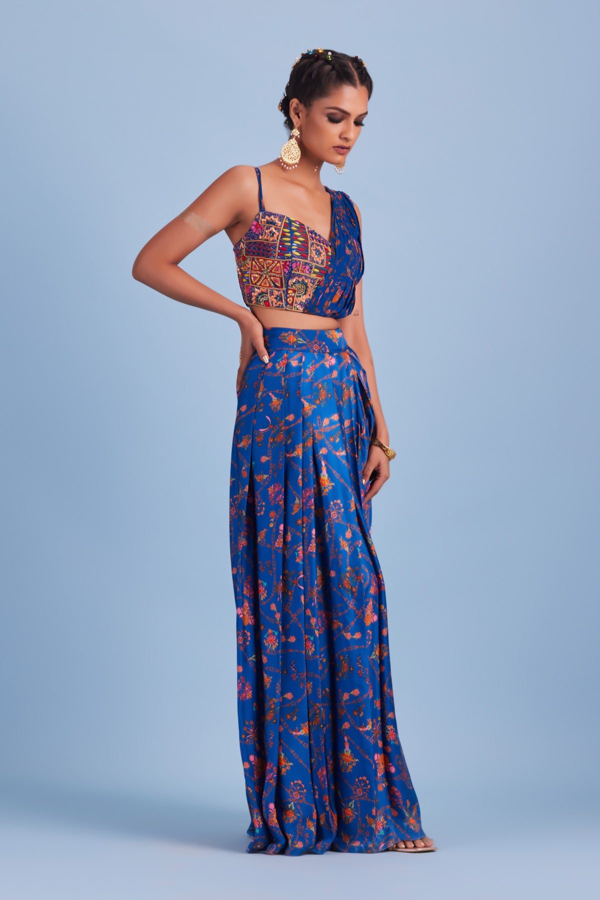 Blue Bale Printed Drape Asymmetrical Crop top & Skirt