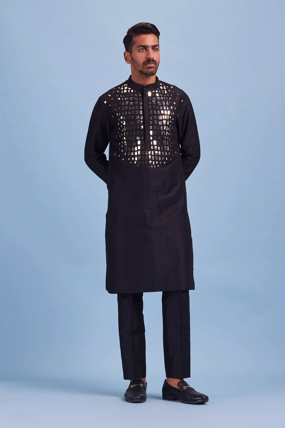 Black Acrylic and Thread Embroidered Dropdown Kurta With Black Pants