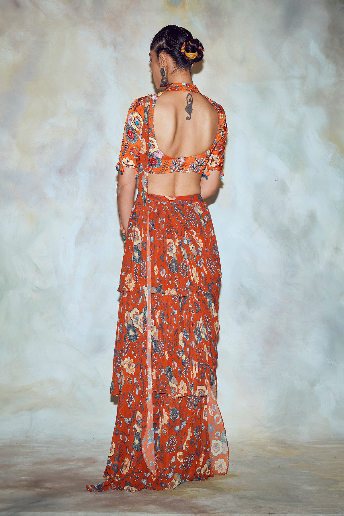 Rust Jaal Print Saree Set