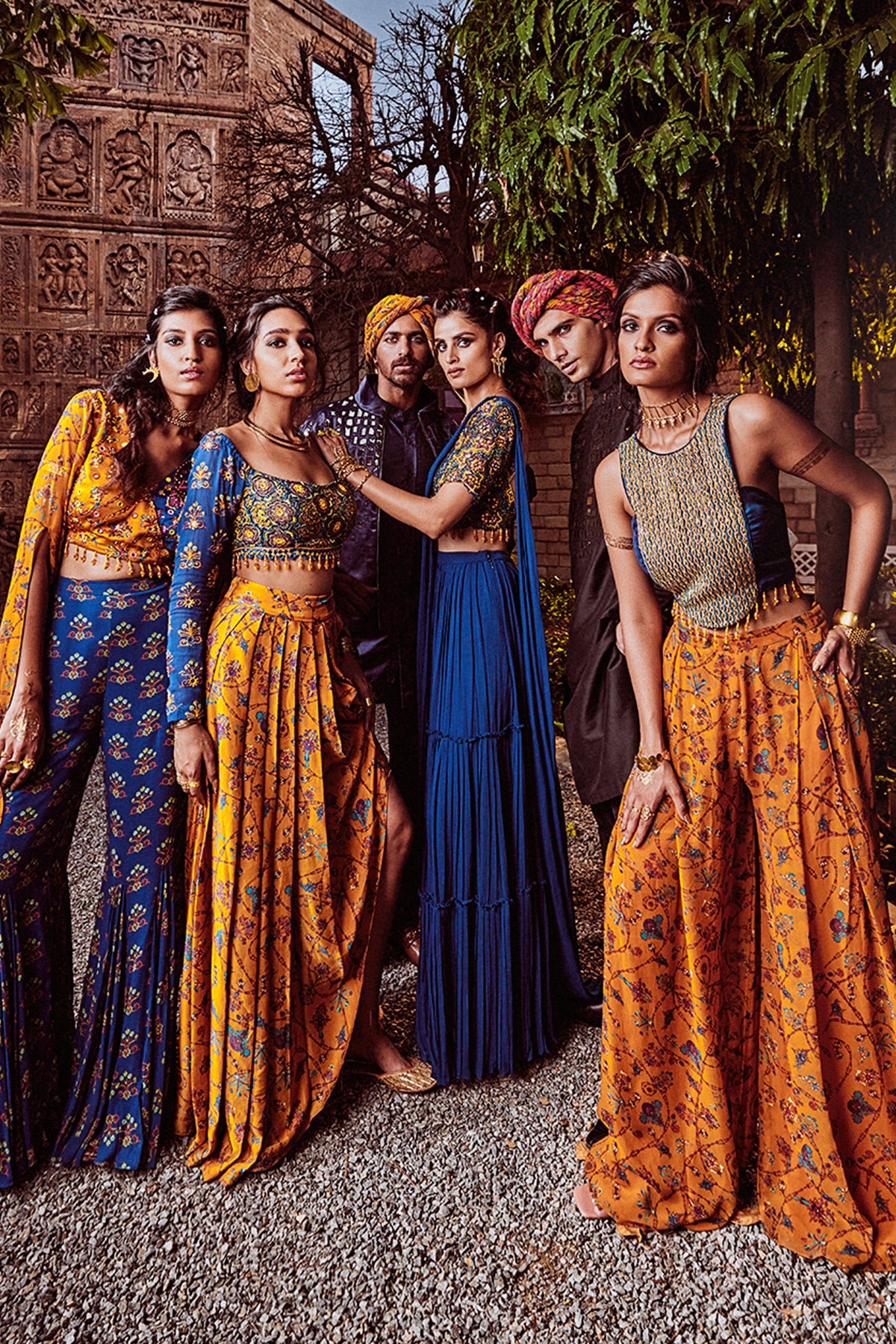 Blue Cord & Cutdana Crop Top With Yellow Bale Printed Box Pleated Pants