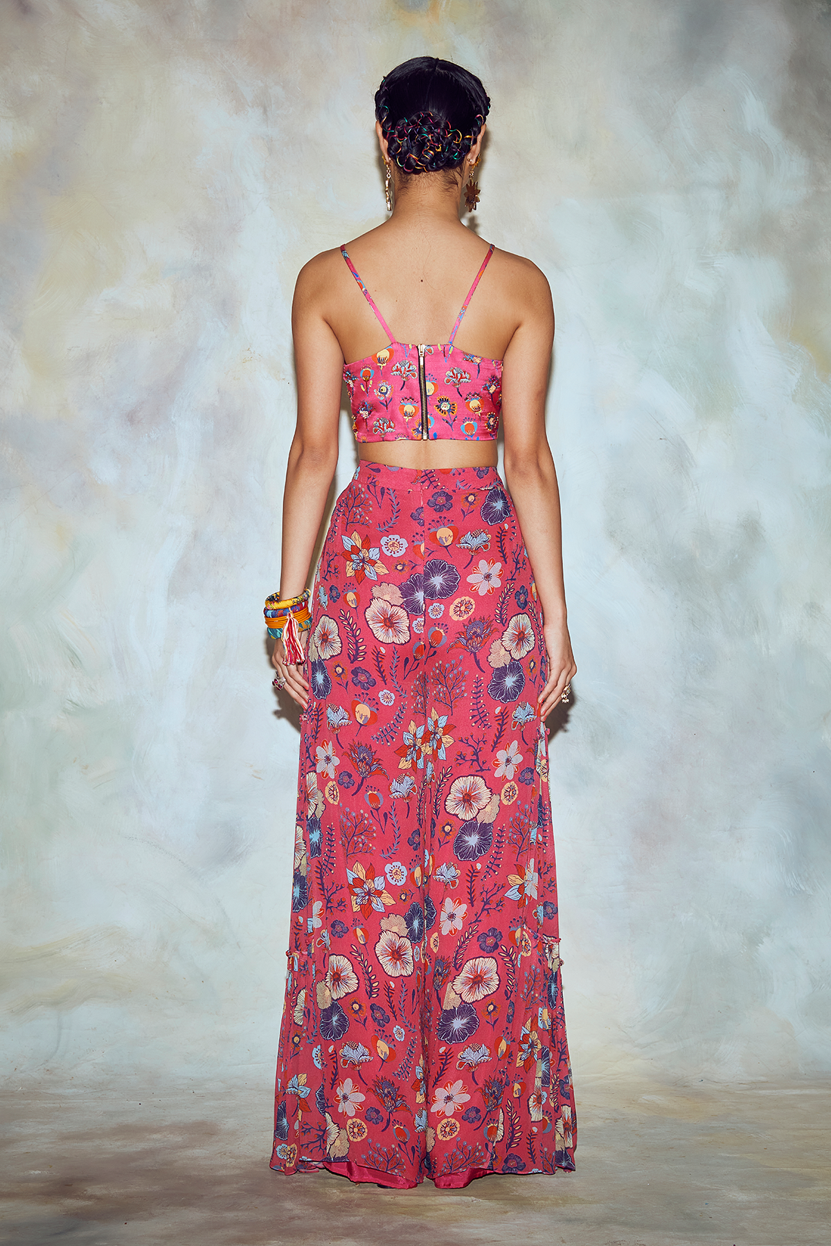 Fuchsia Pink Floral Godet Pant Set