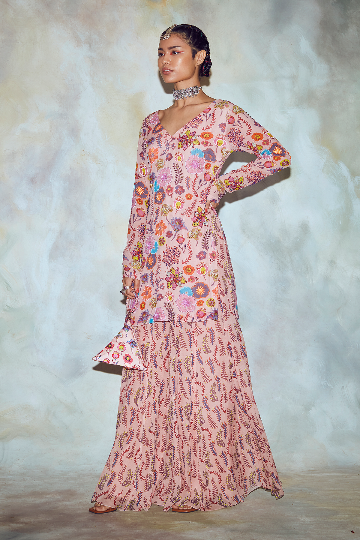 Blush Pink Jaal Print Kurti Sharara Set
