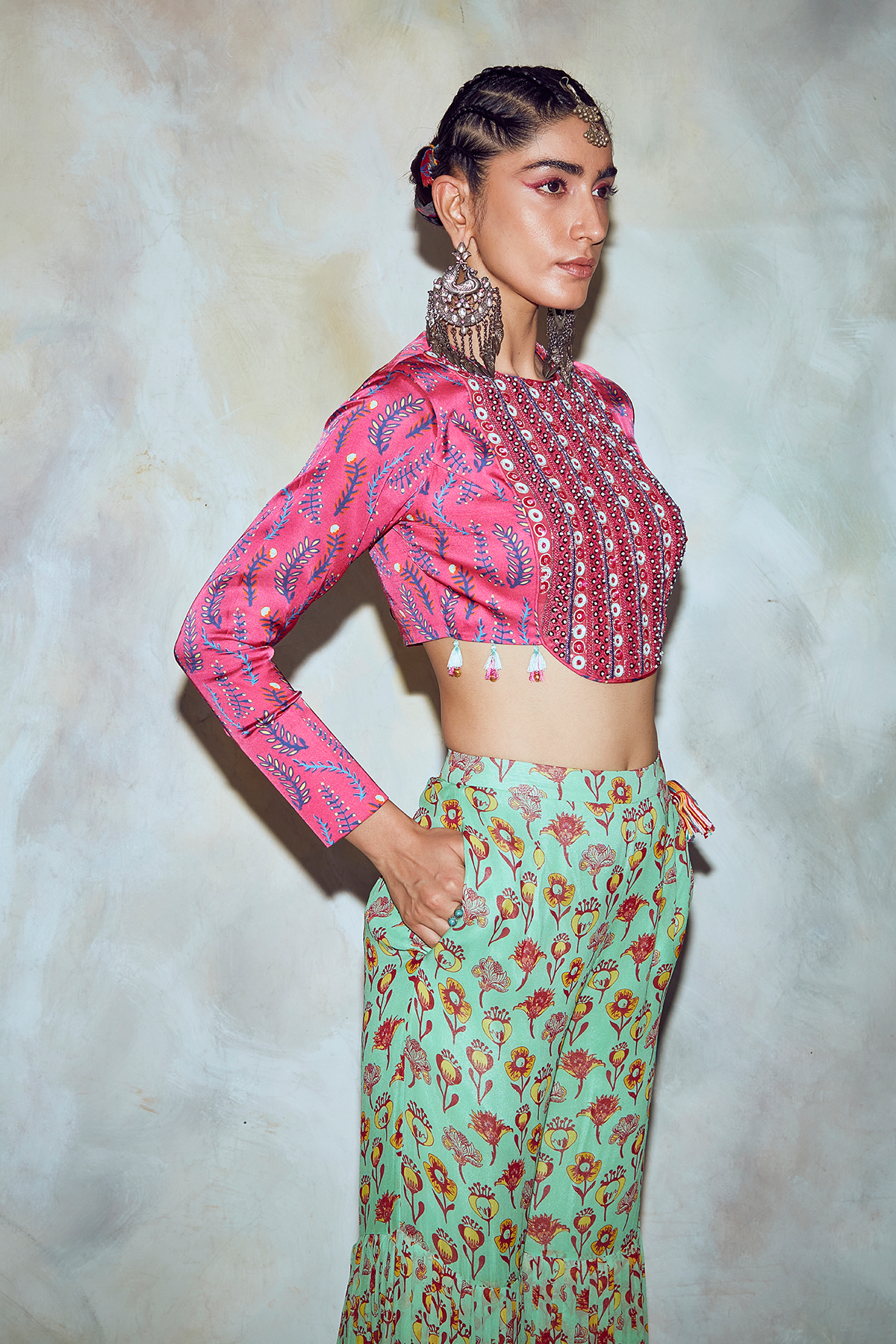 Fuschia Pink Leaf Print Crop Set