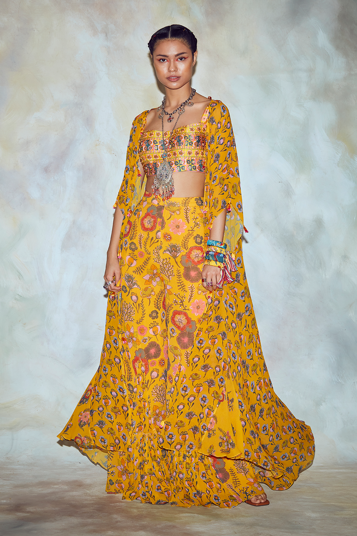 Yellow Border Print Cape Set