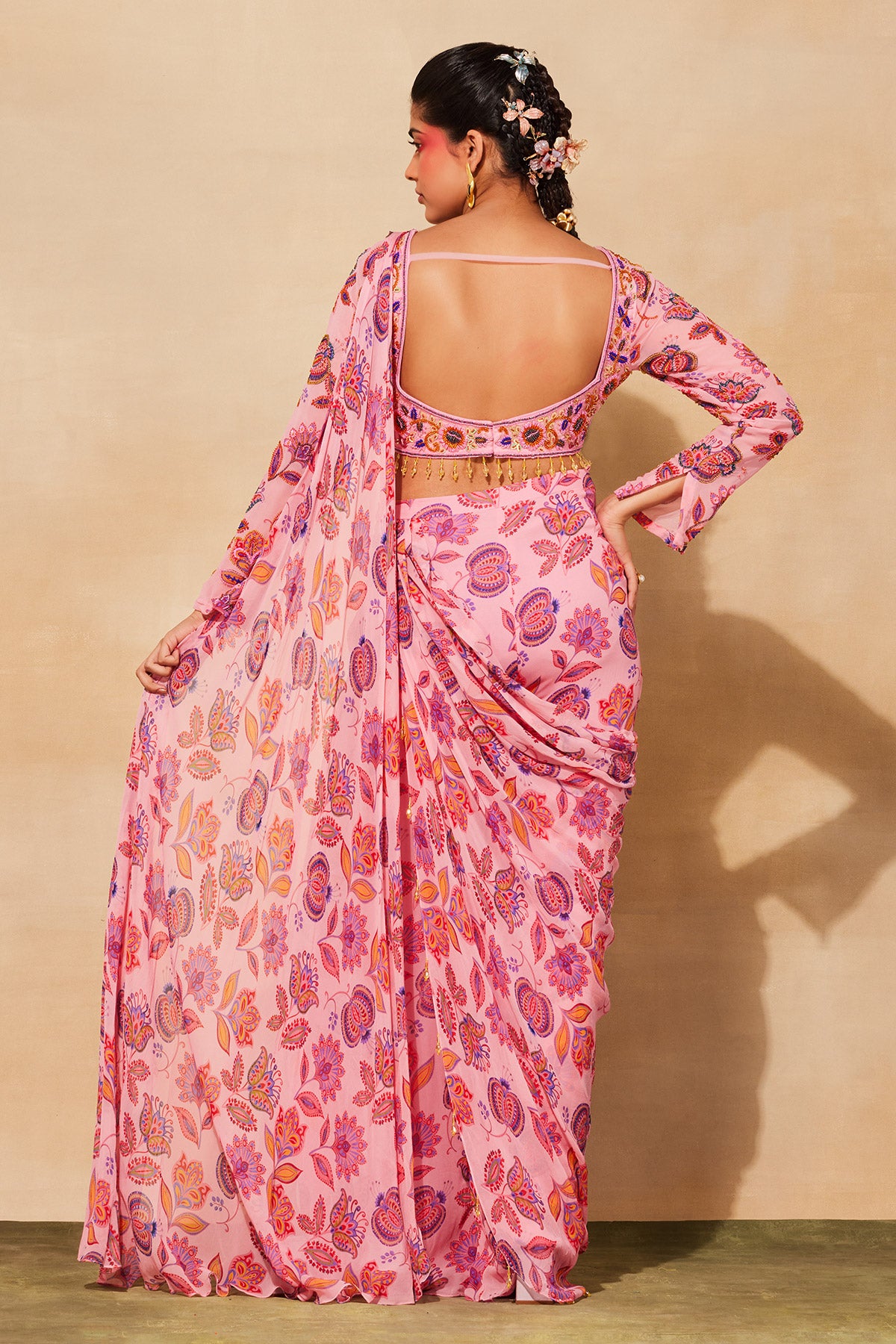 BLUSH PINK PRINT & EMBROIDERED SAREE SET