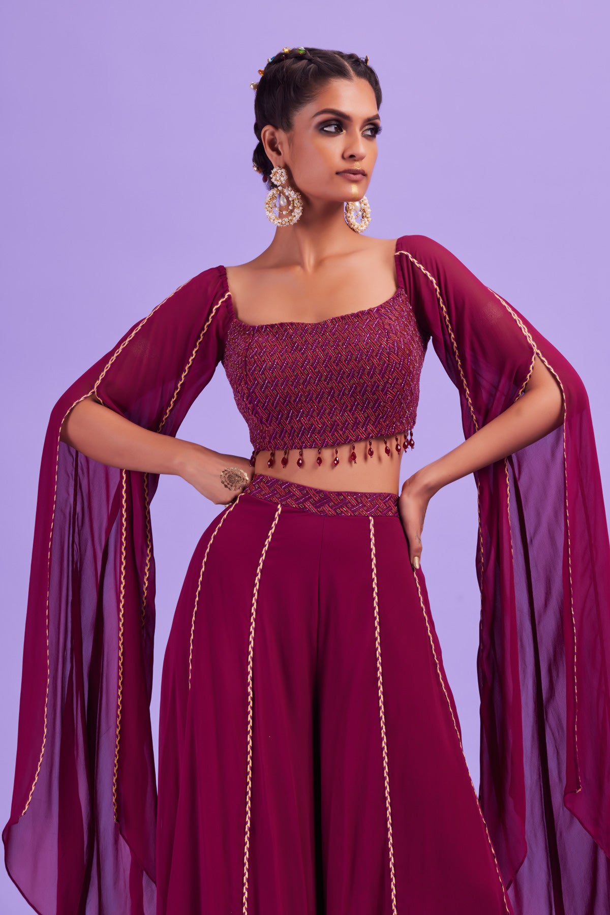 Purple Embroidered Blouse With Flare Cord Sleeves And Sharara Pants