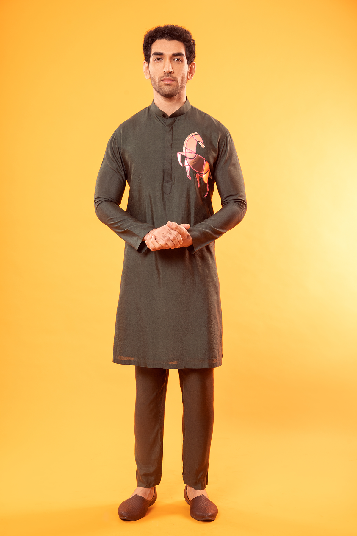 Olive Green Acrylic Horse Embroidered Kurta