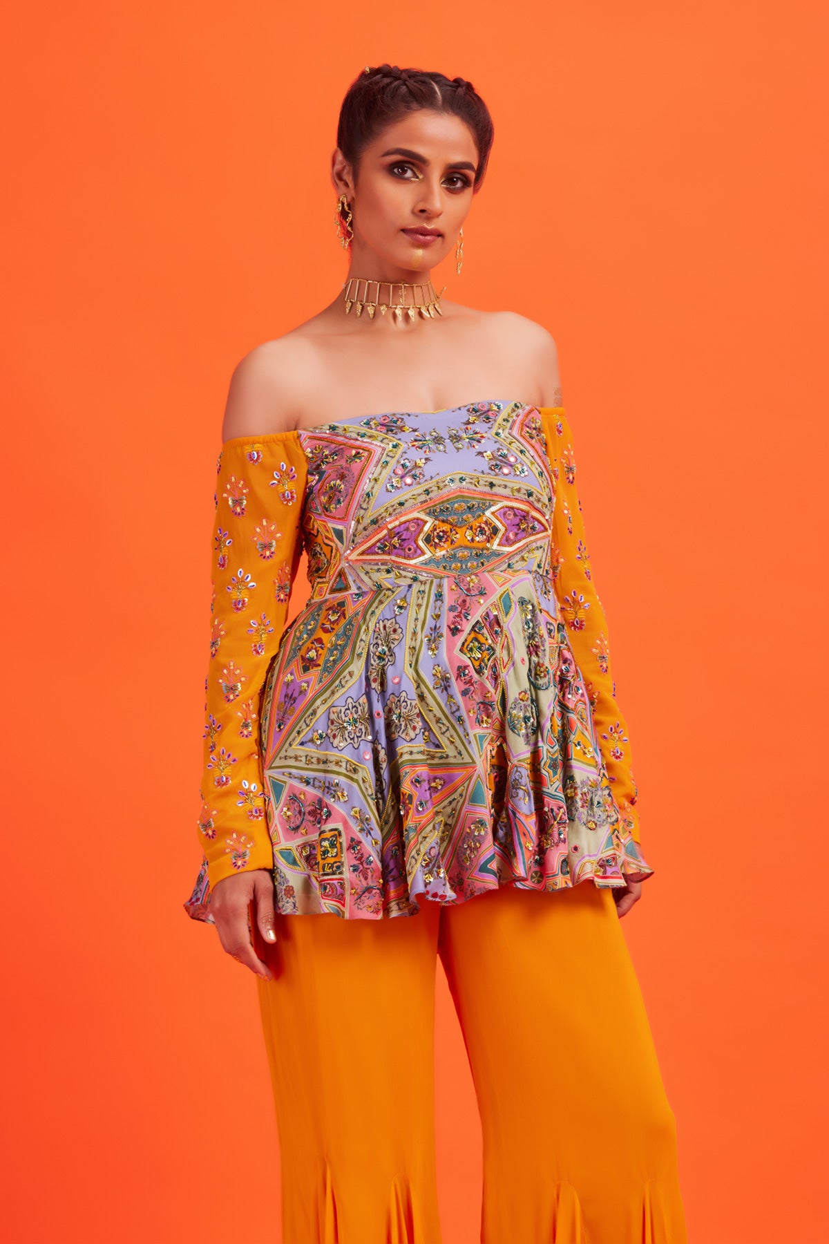 Pastel Yellow Jaal Print & Highlighted Peplum Set