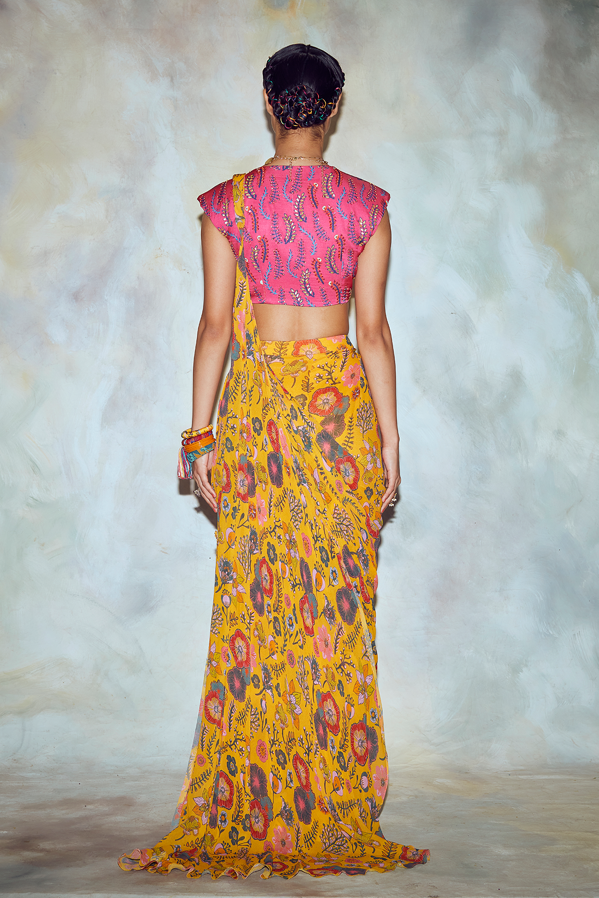 Fuschia Pink Leaf Print Saree Set