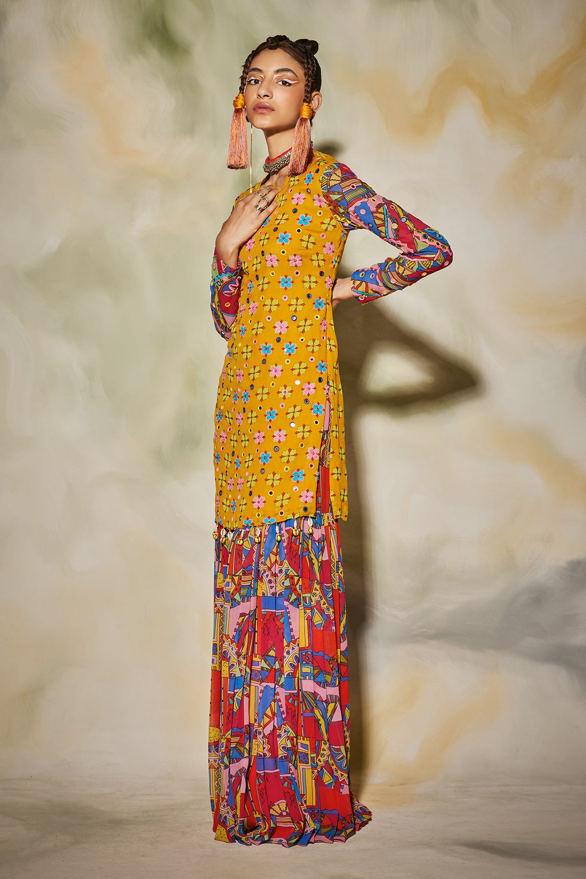 Pink Geometric Printed Kurti Gharara Set