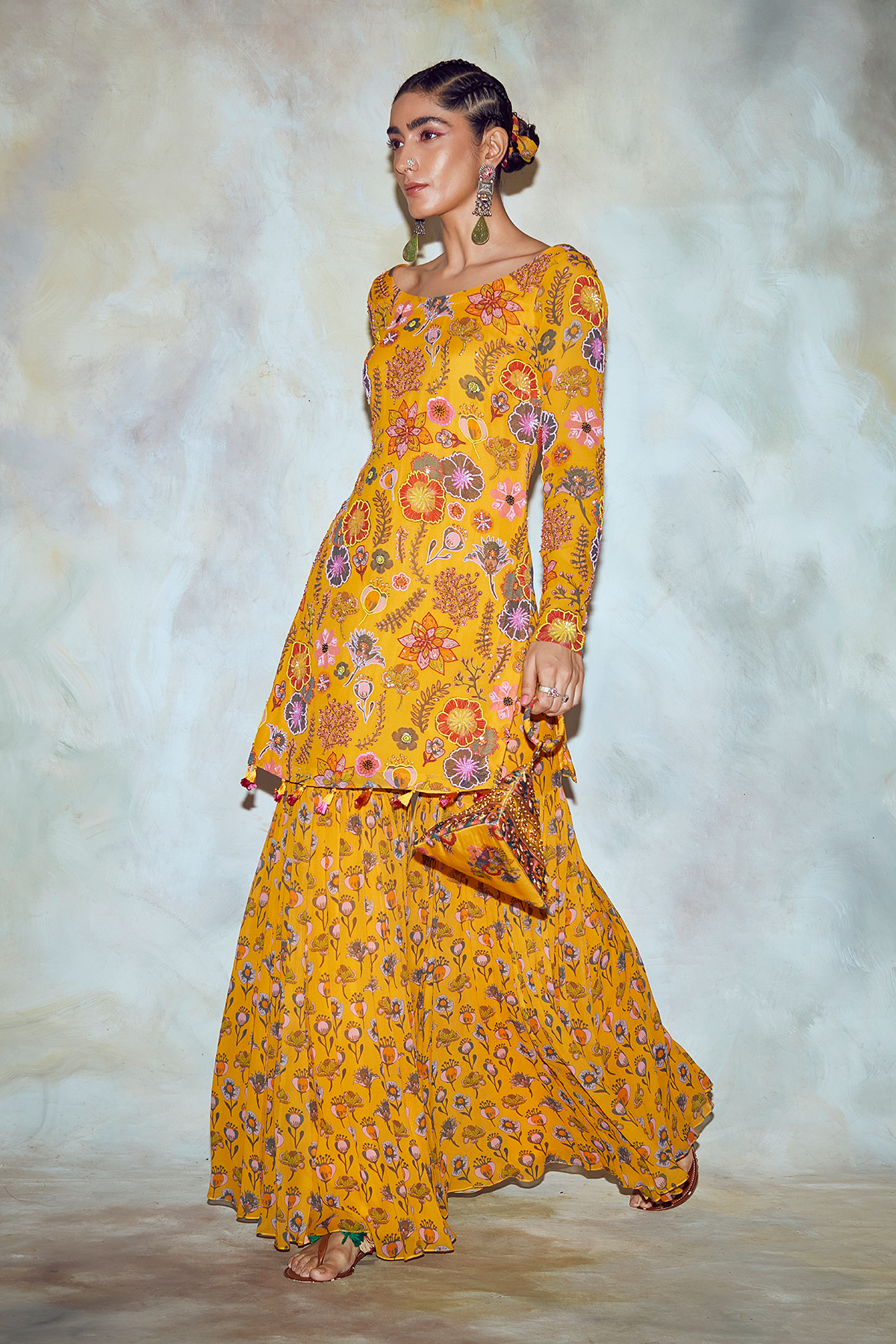 Yellow Jaal Print Kurti Garara Set