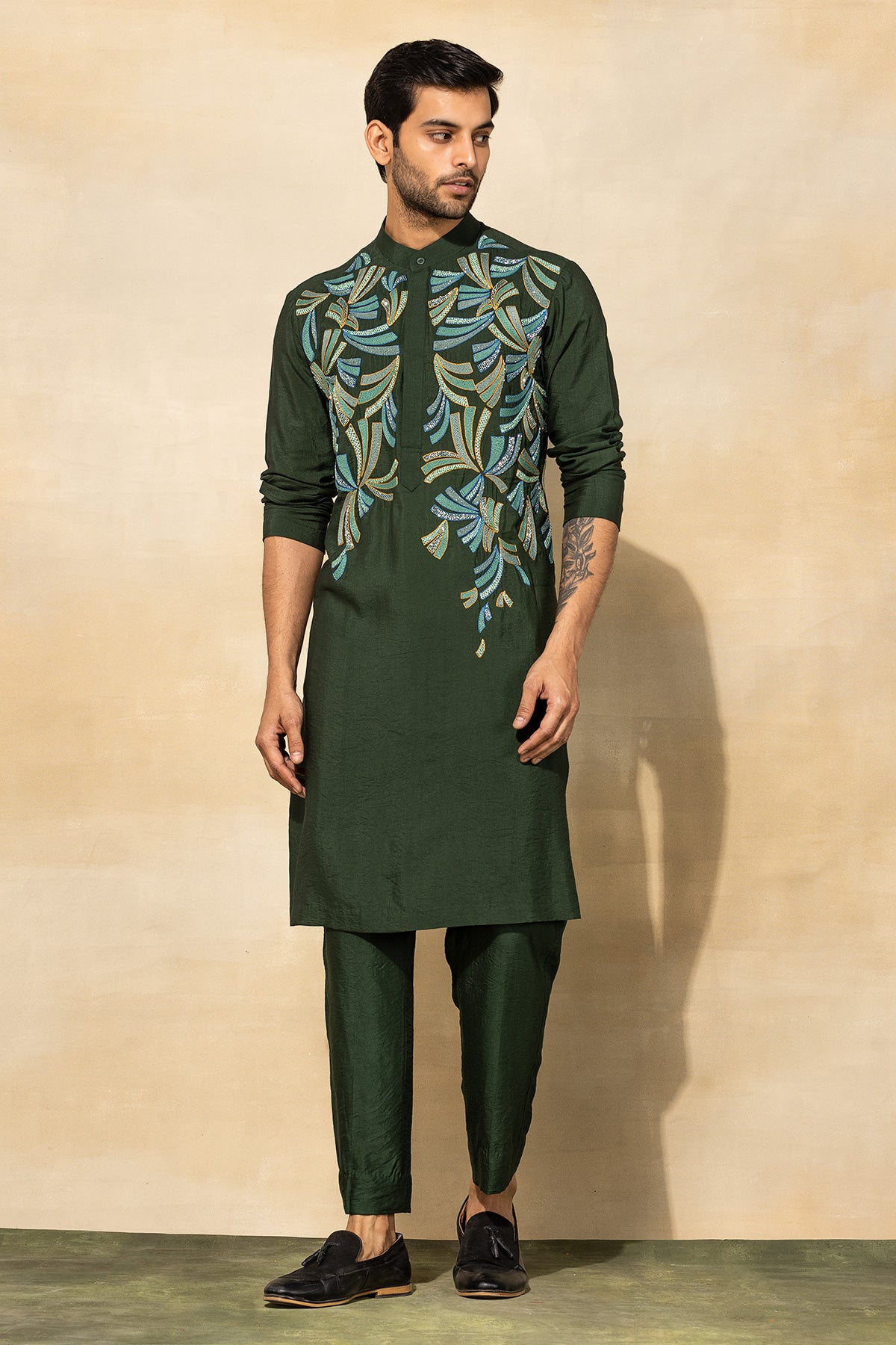 OLIVE GREEN CUTDANA EMBROIDERED KURTA