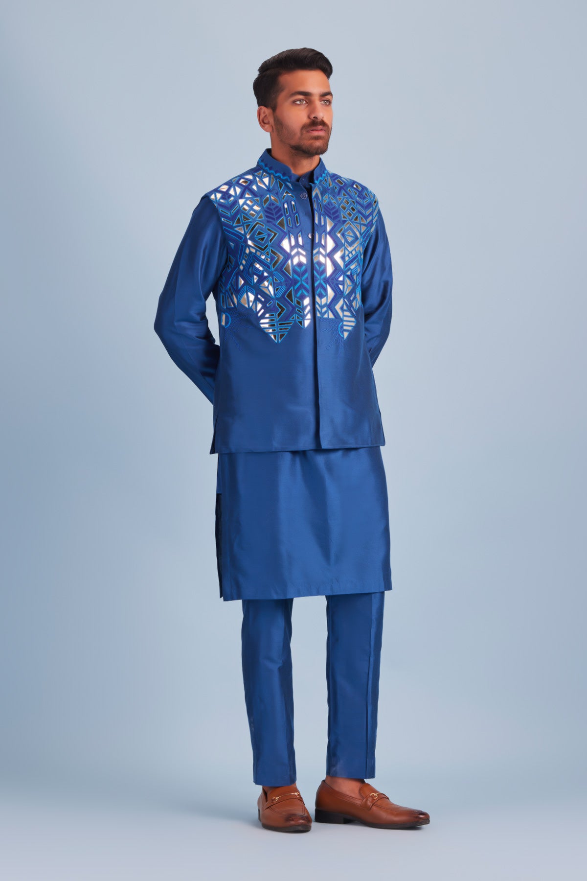 Indigo Blue Thread and Acrylic Abstract Embroidered Kurta With Embroidered Bundy and Indigo Blue Pants