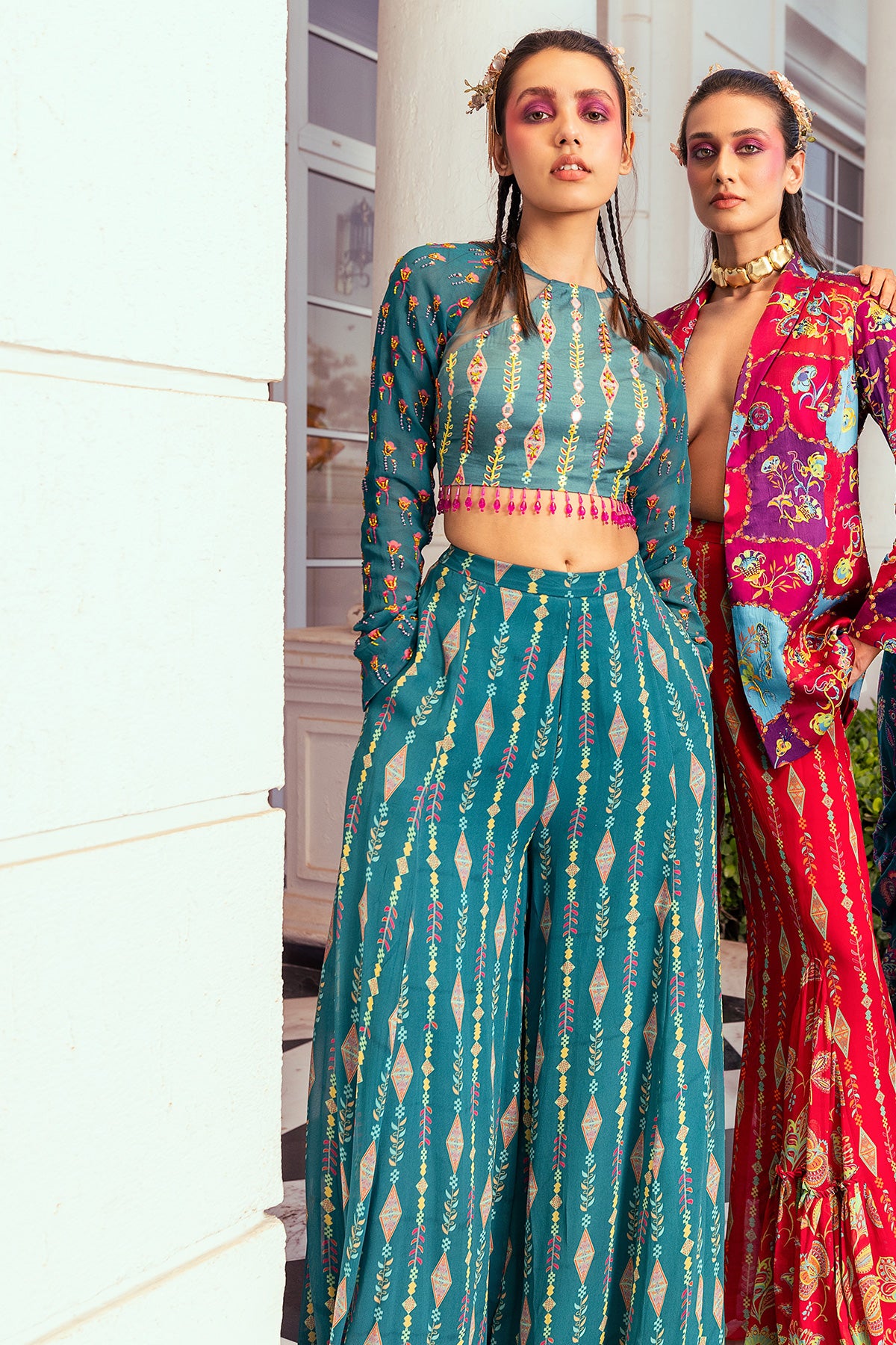 TEAL BLUEPRINT & EMBROIDERED CROP TOP SET