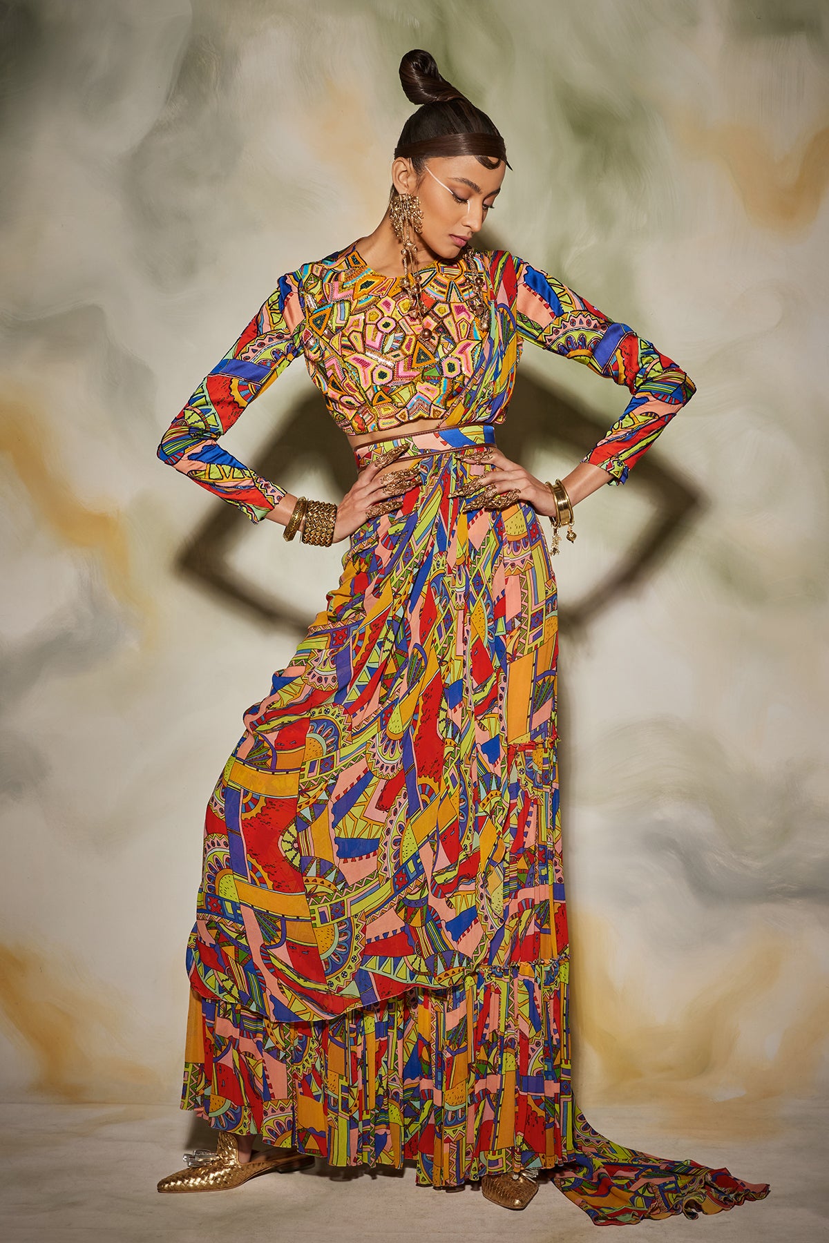 Neon Geometric Printed Gharara Saree Set and Printed Leather Belt