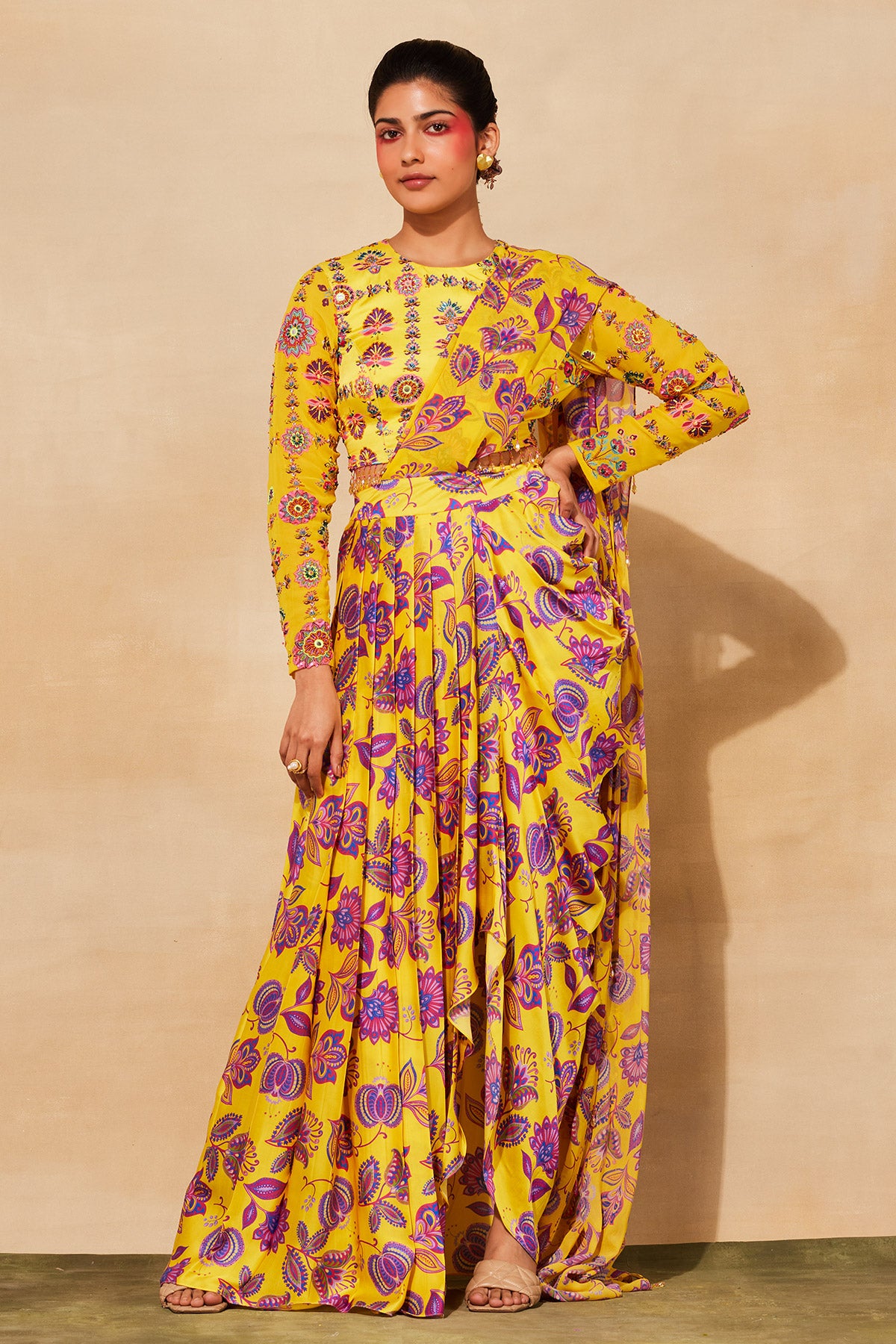 YELLOW PRINT & EMBROIDERED SAREE SET