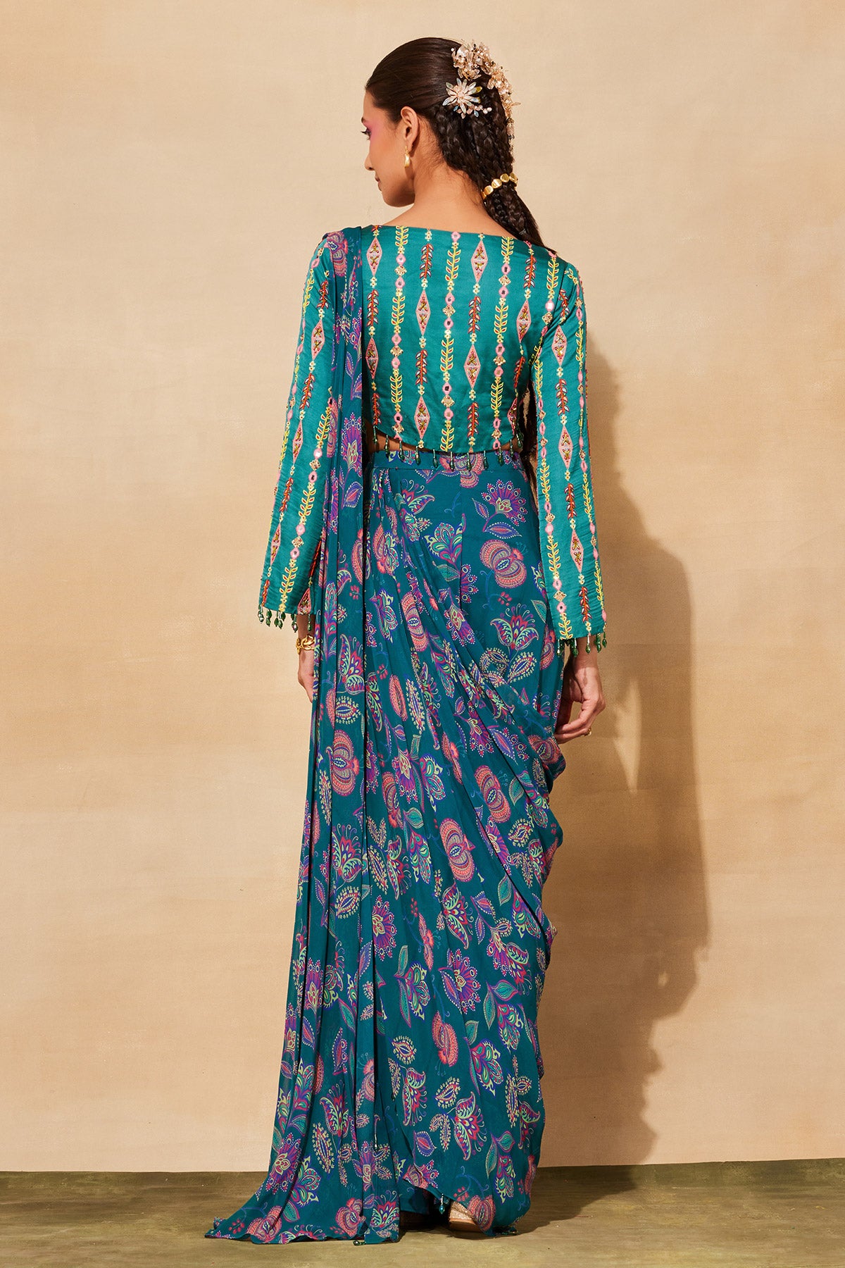 TEAL BLUE PRINT & EMBROIDERED SAREE SET