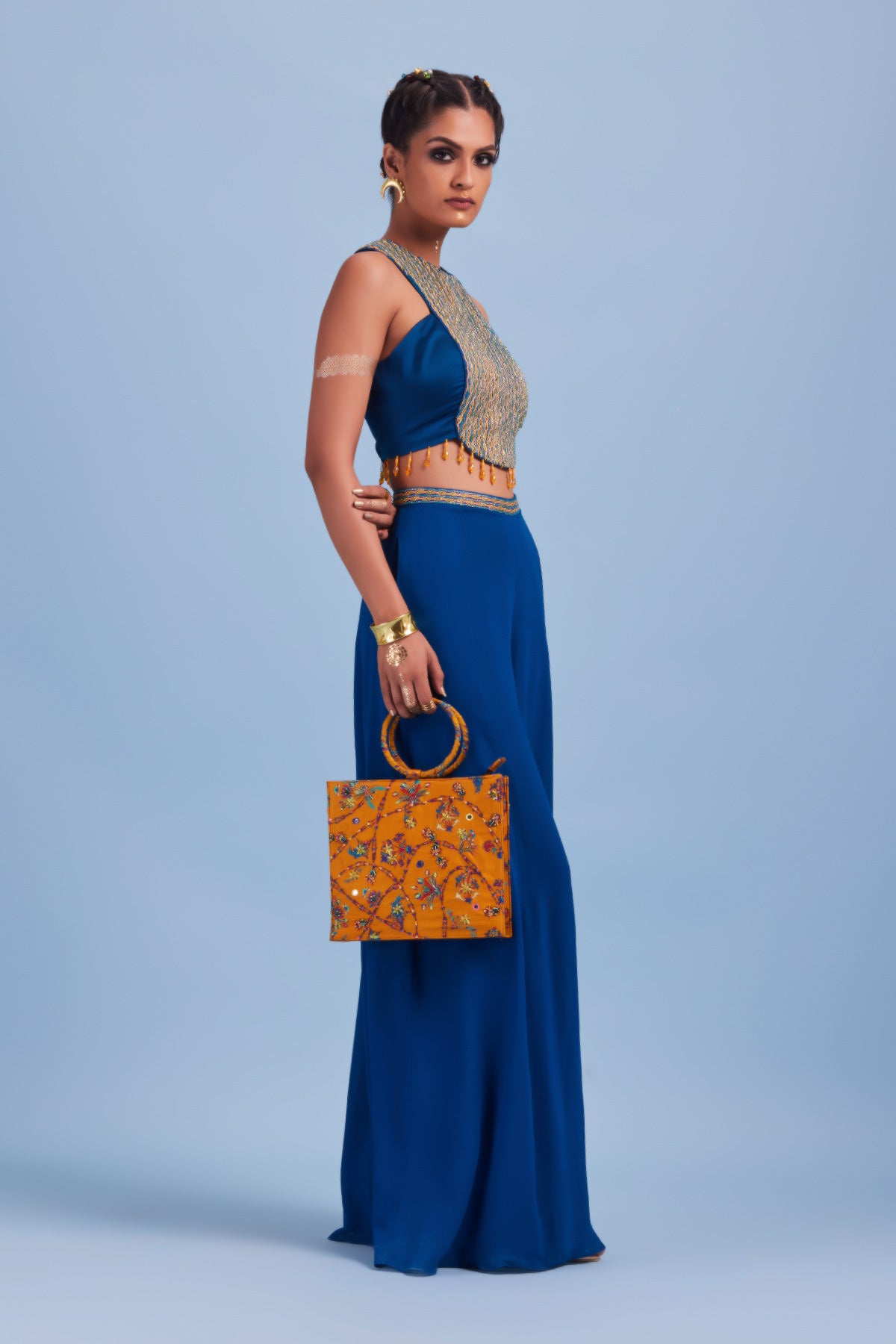 Blue Cord & Cutdana Center Panel Embroidered Crop Top & Pants