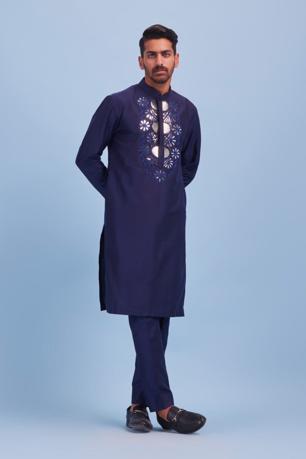 Dark Blue Acrylic and Thread Circle Lapel Embroidered Kurta With Dark Blue Pants