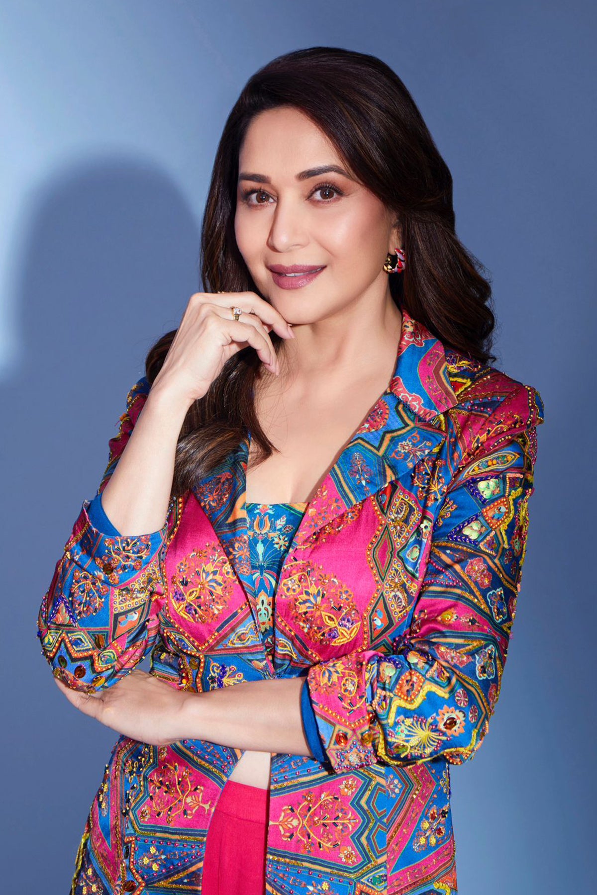 Madhuri Dixit in Teal & Fuchsia Pink Jaal Print & Highlighted Blazer Set