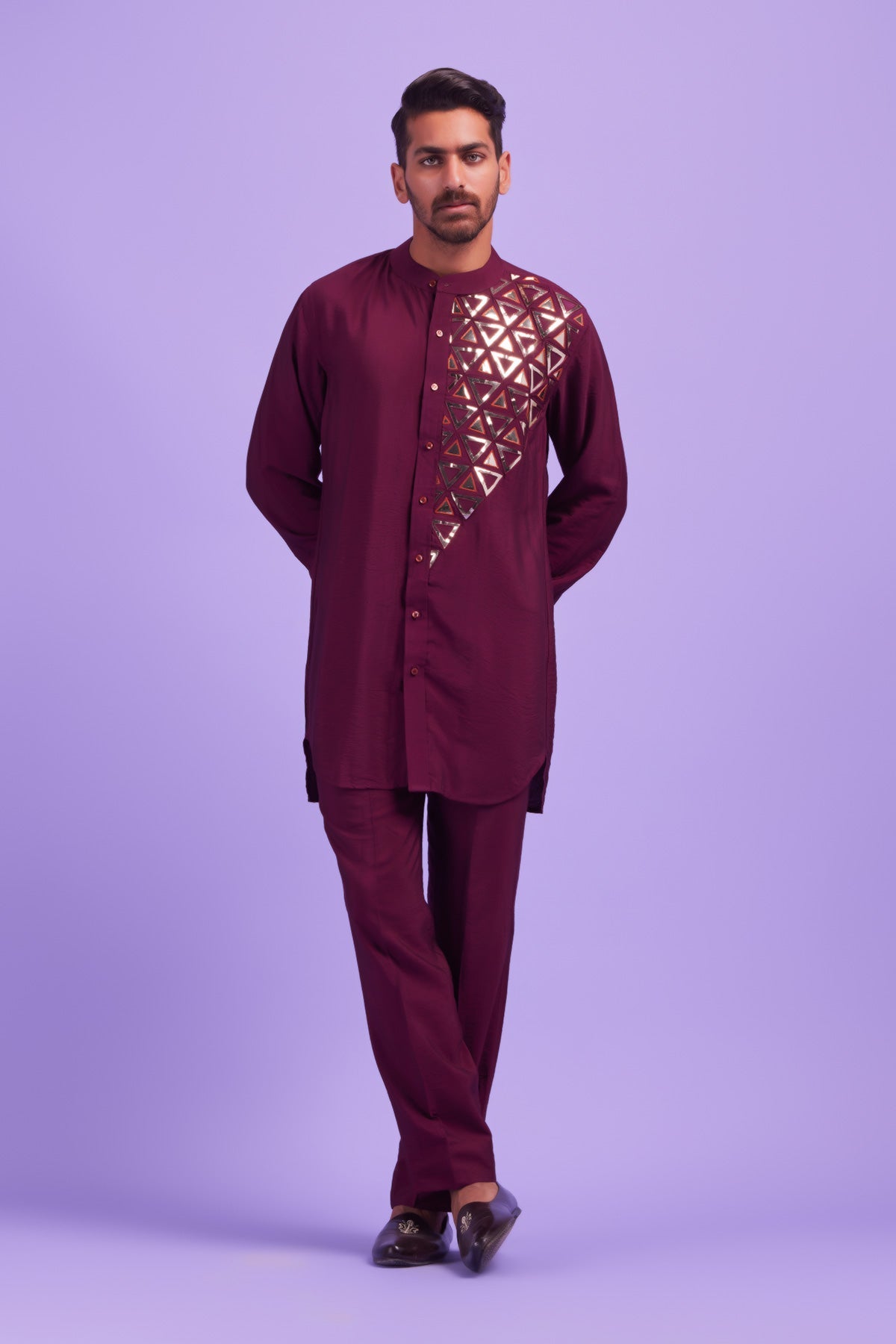 Wine Acrylic and Thread Triangle Embroidered Kurta Shirt With Pants