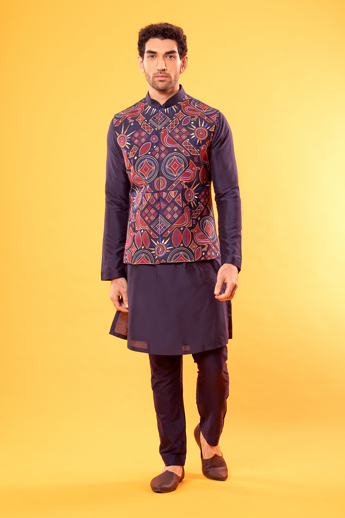 Navy Blue Multi Color Embroidered Kurta & Bandi