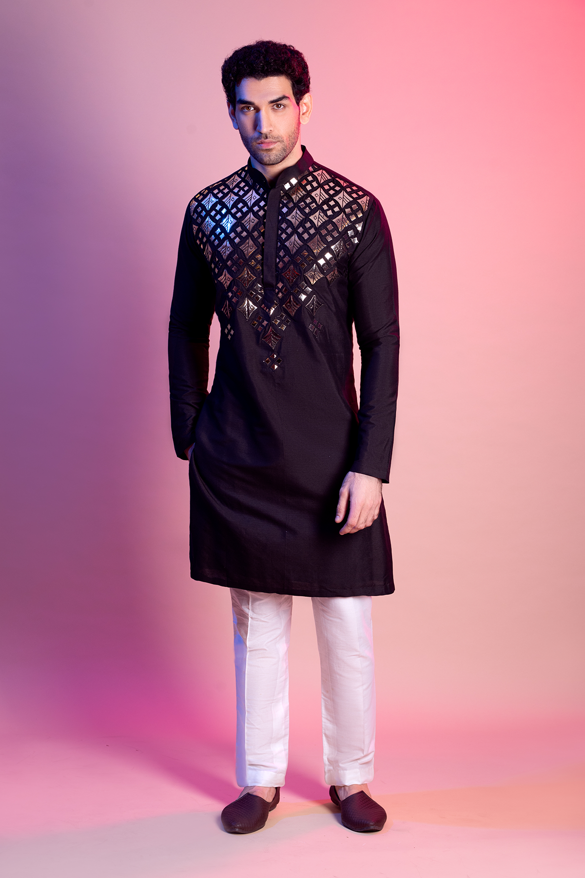 Black With Gold Acrylic Diamond Embroidery Kurta
