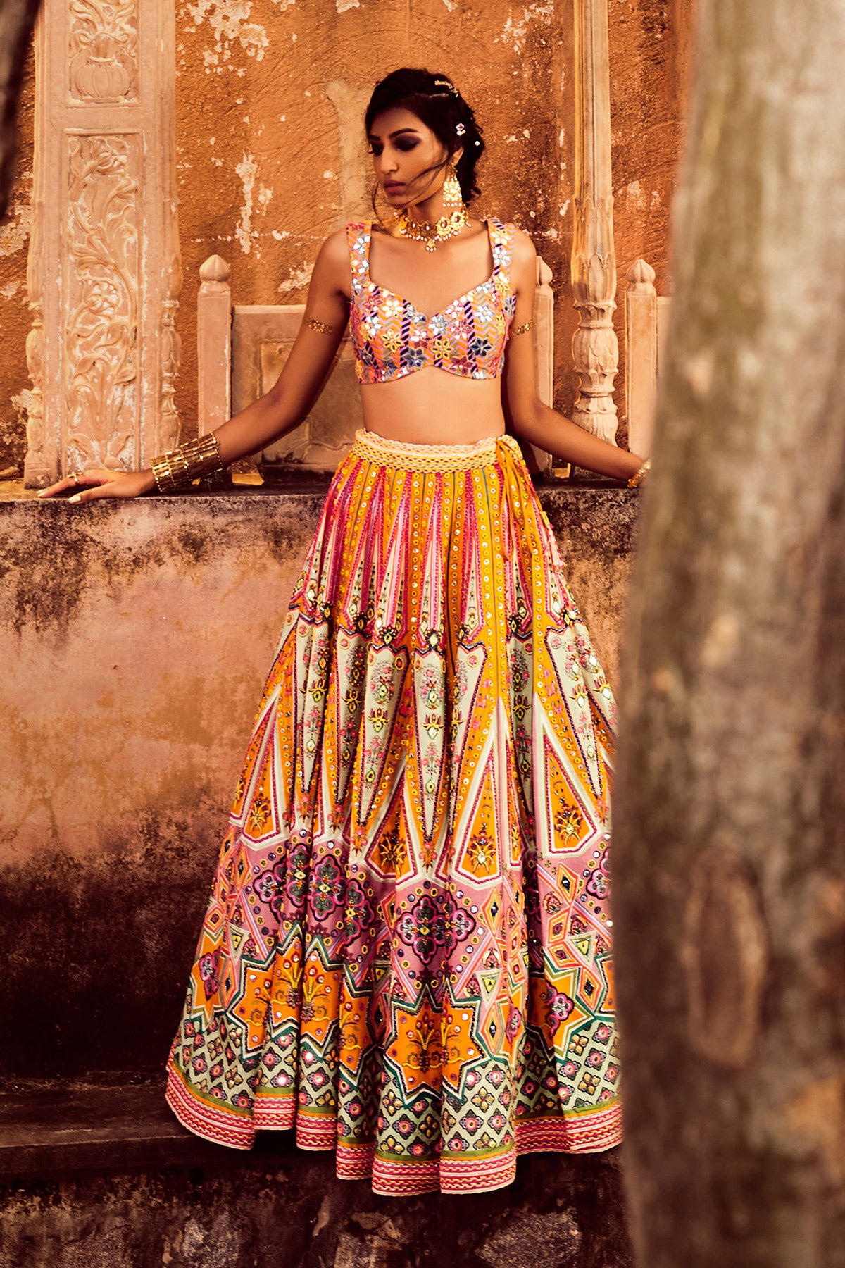 Yellow & Green Geometric Print Lehenga And Organza Embroidered Dupatta