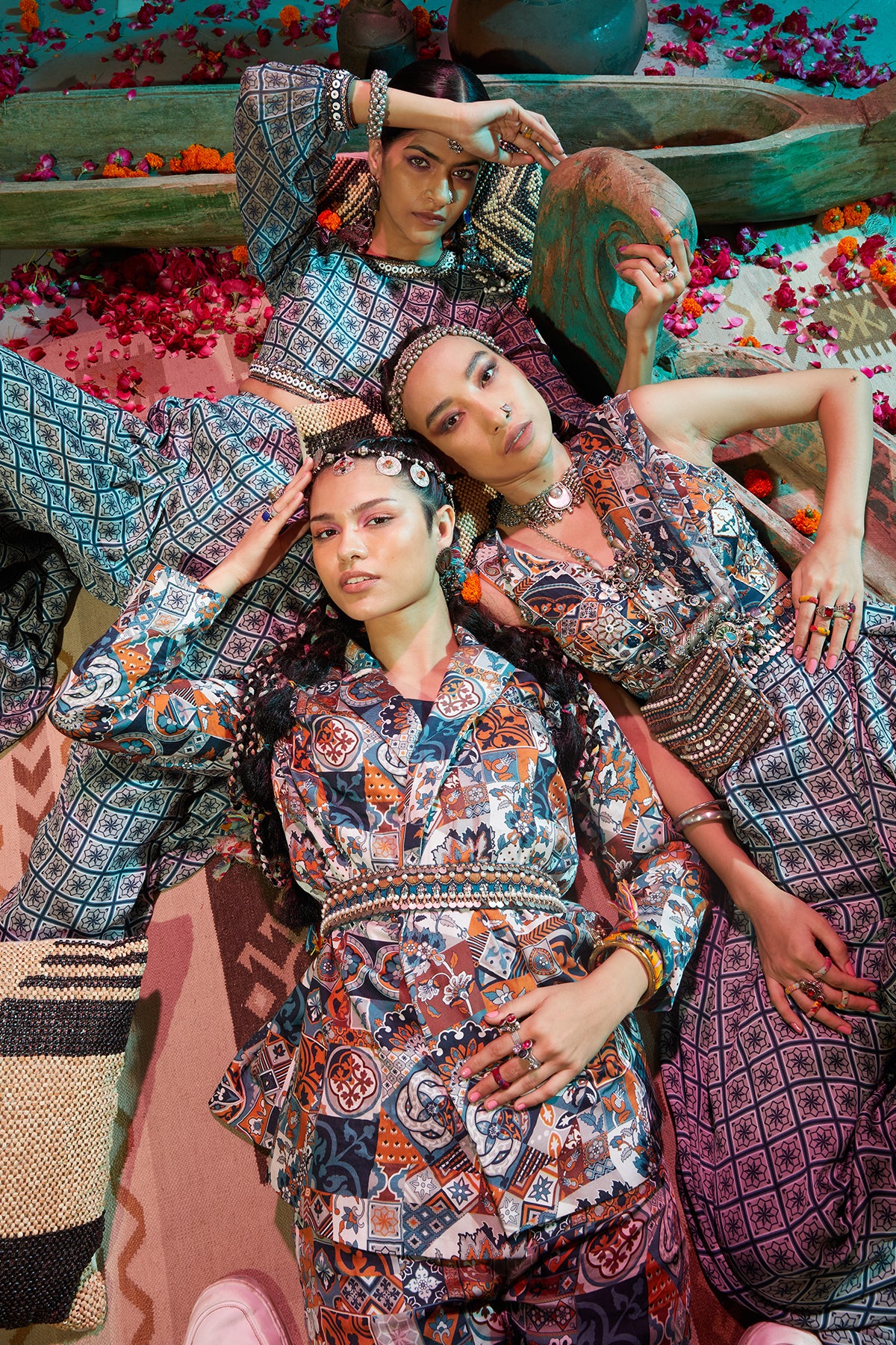 Grey & Teal Tile Print Box Pleat Pant Sari