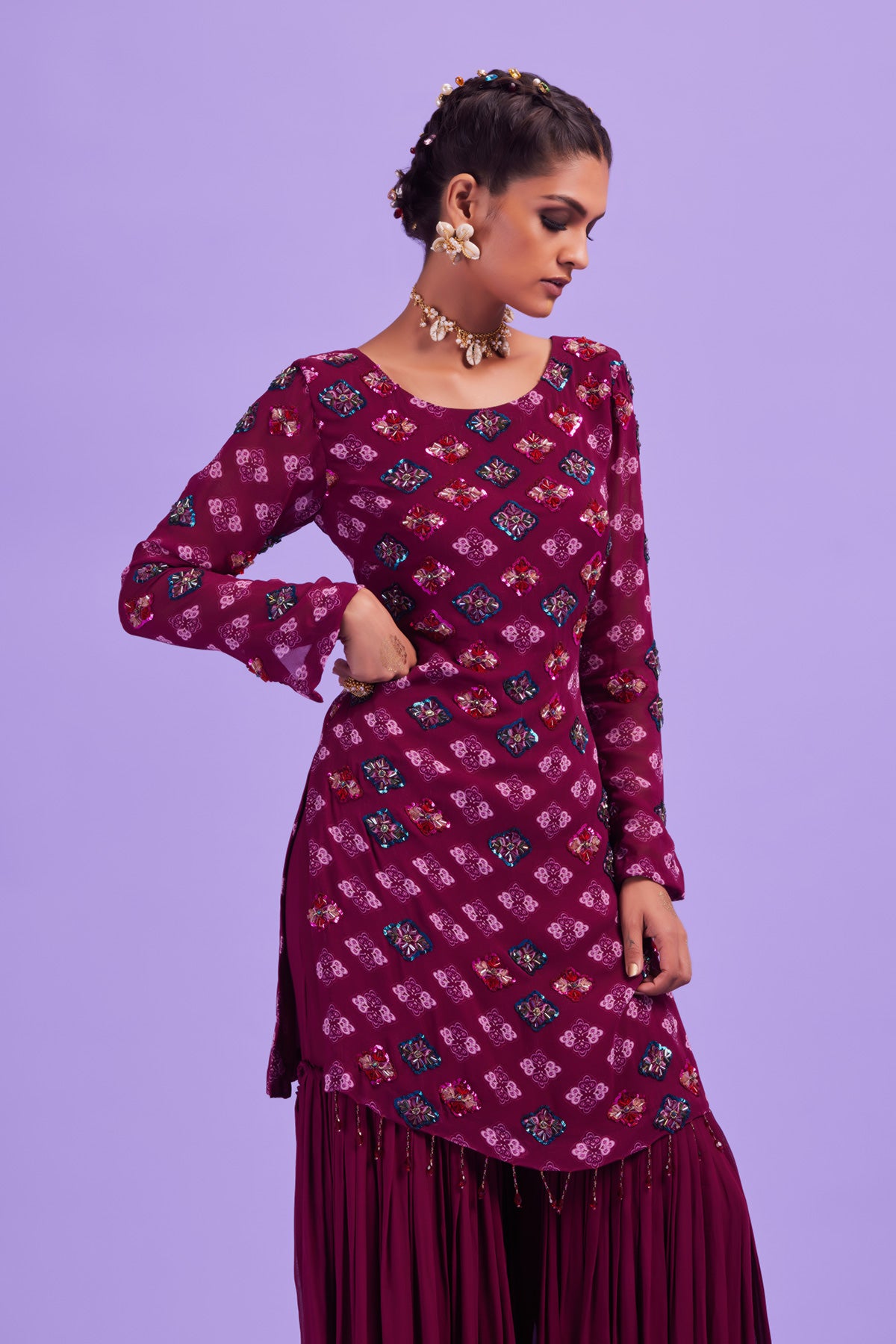 Purple Butta Print & Highlighted Kurti With Purple Gharara Pants