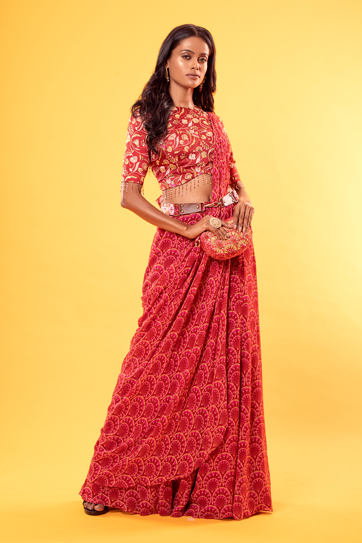 Maroon Jaal Printed & Highlighted Blouse With Fan Printed Sharara Saree & Potli Bag