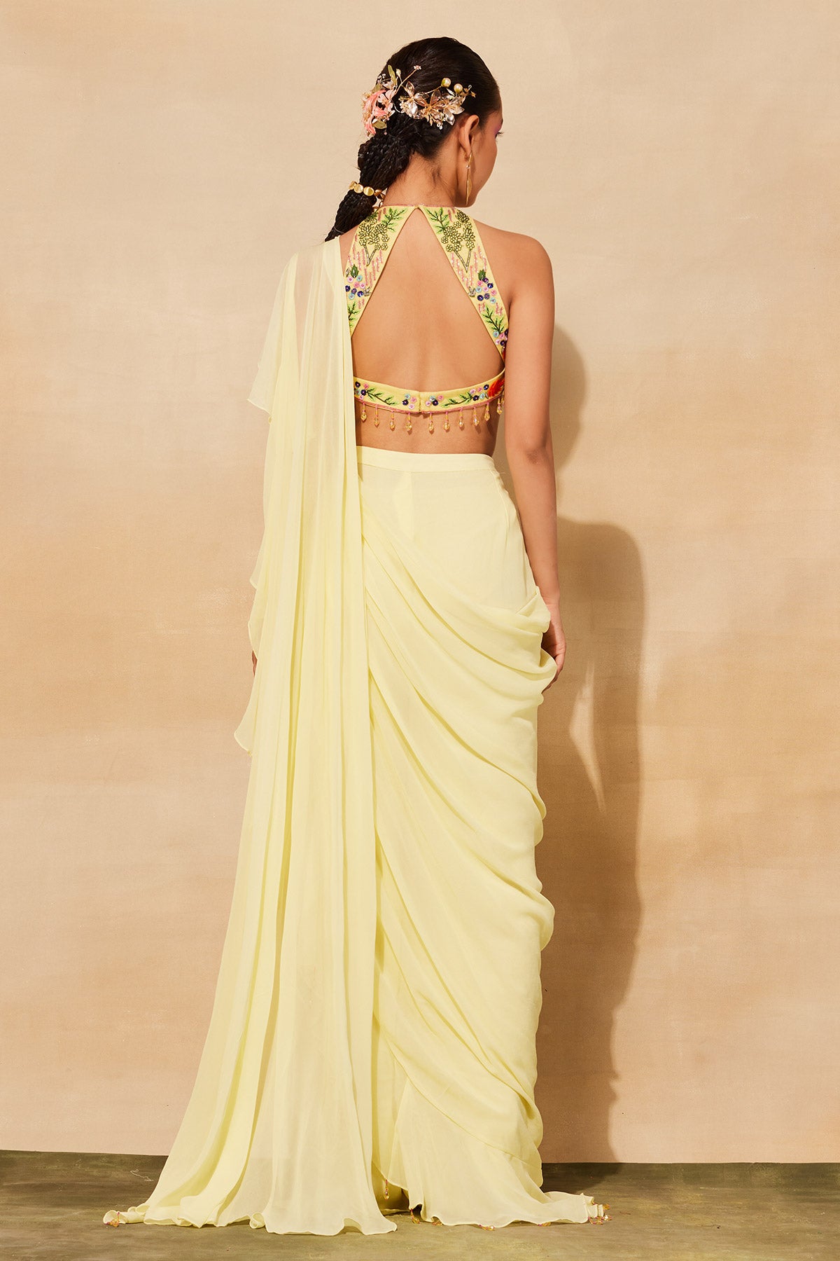 PASTEL YELLOW FLORAL EMBROIDERED SAREE SET