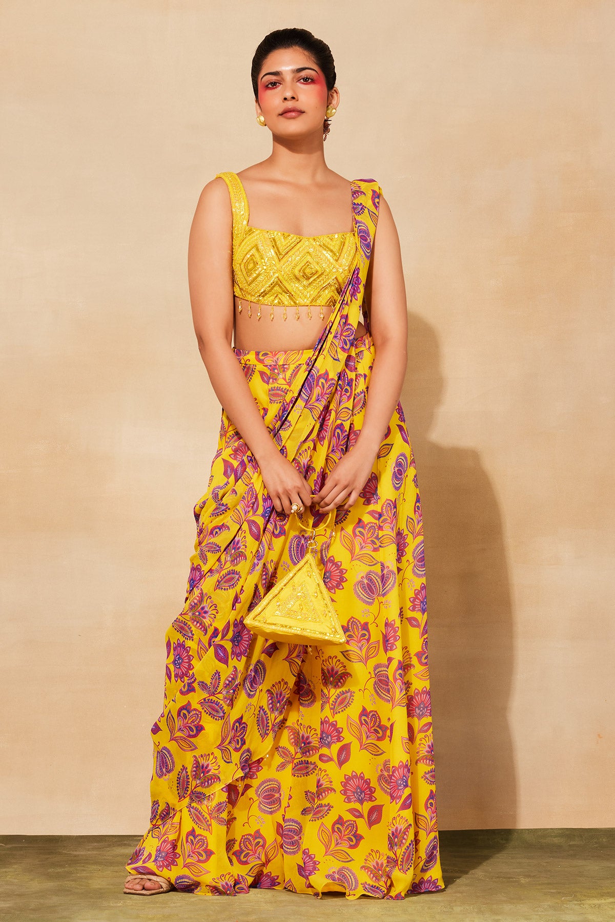 YELLOW DIAMOND EMBROIDERED & PRINTED SAREE SET