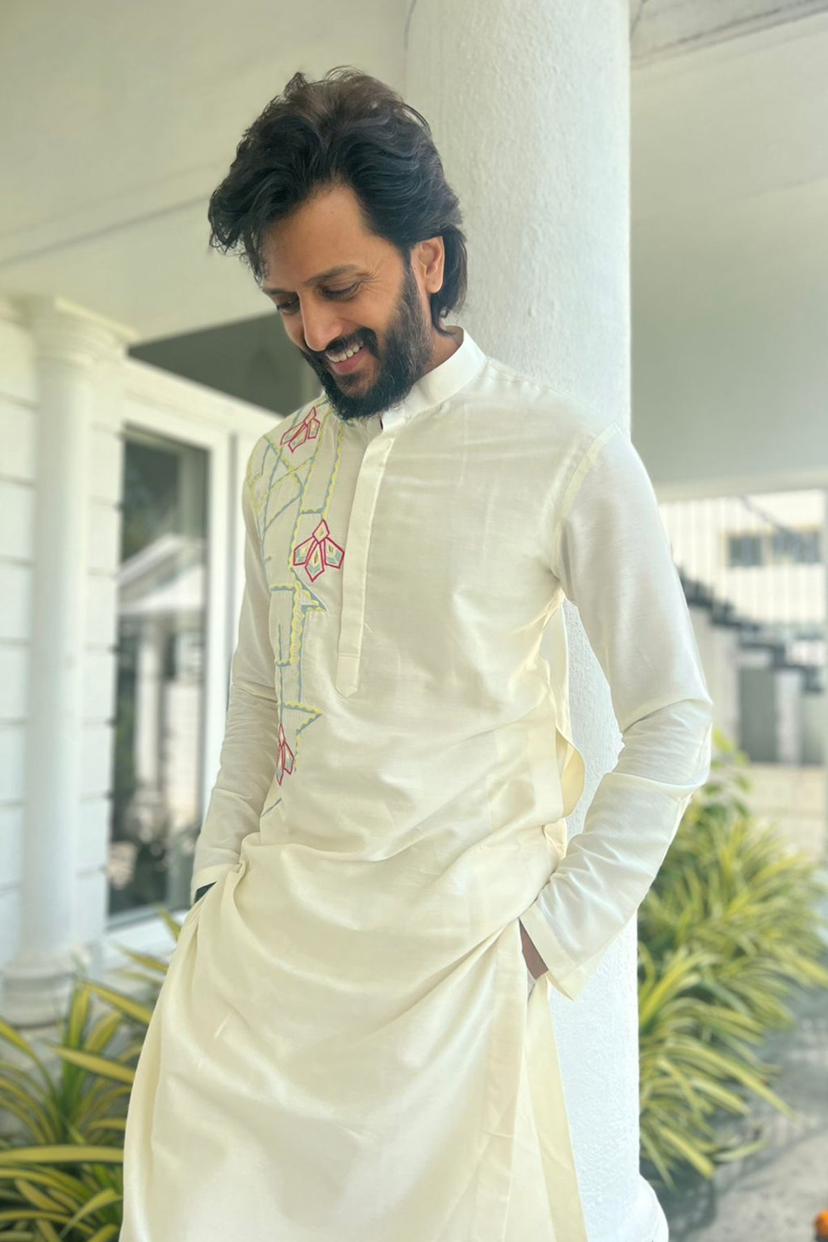 Riteish Deshmukh in Pastel Yellow Thread and Acrylic Dropdown Petal Kurta With Pastel Yellow Pants