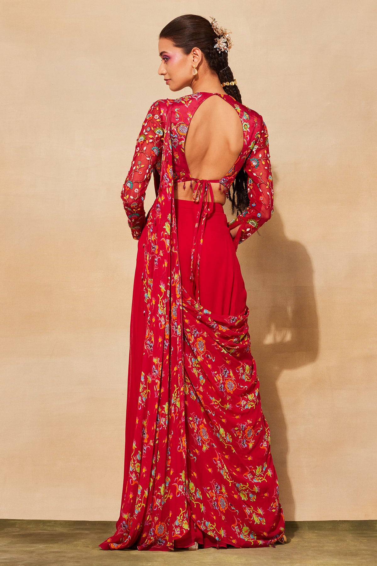CRIMSON RED PRINT & EMBROIDERED SAREE SET