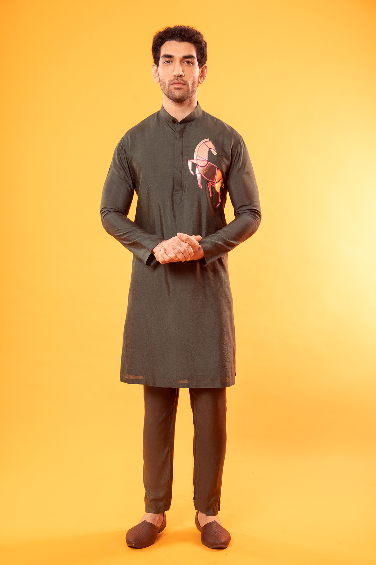 Olive Green Acrylic Horse Embroidered Kurta & Bandi