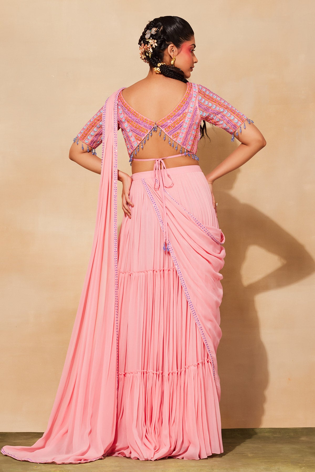 BLUSH PINK LEAF EMBROIDERED SAREE SET
