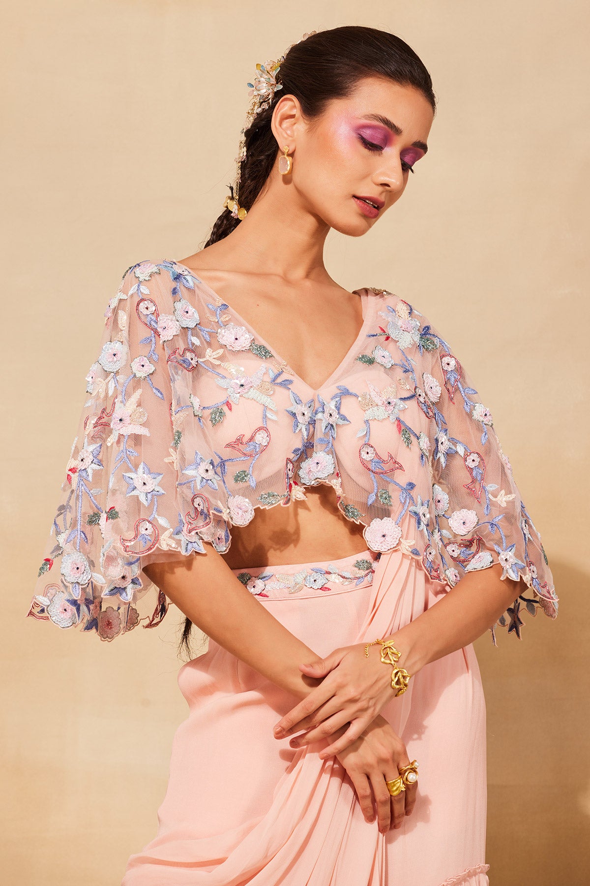 BLUSH PINK EMBROIDERED SAREE SET